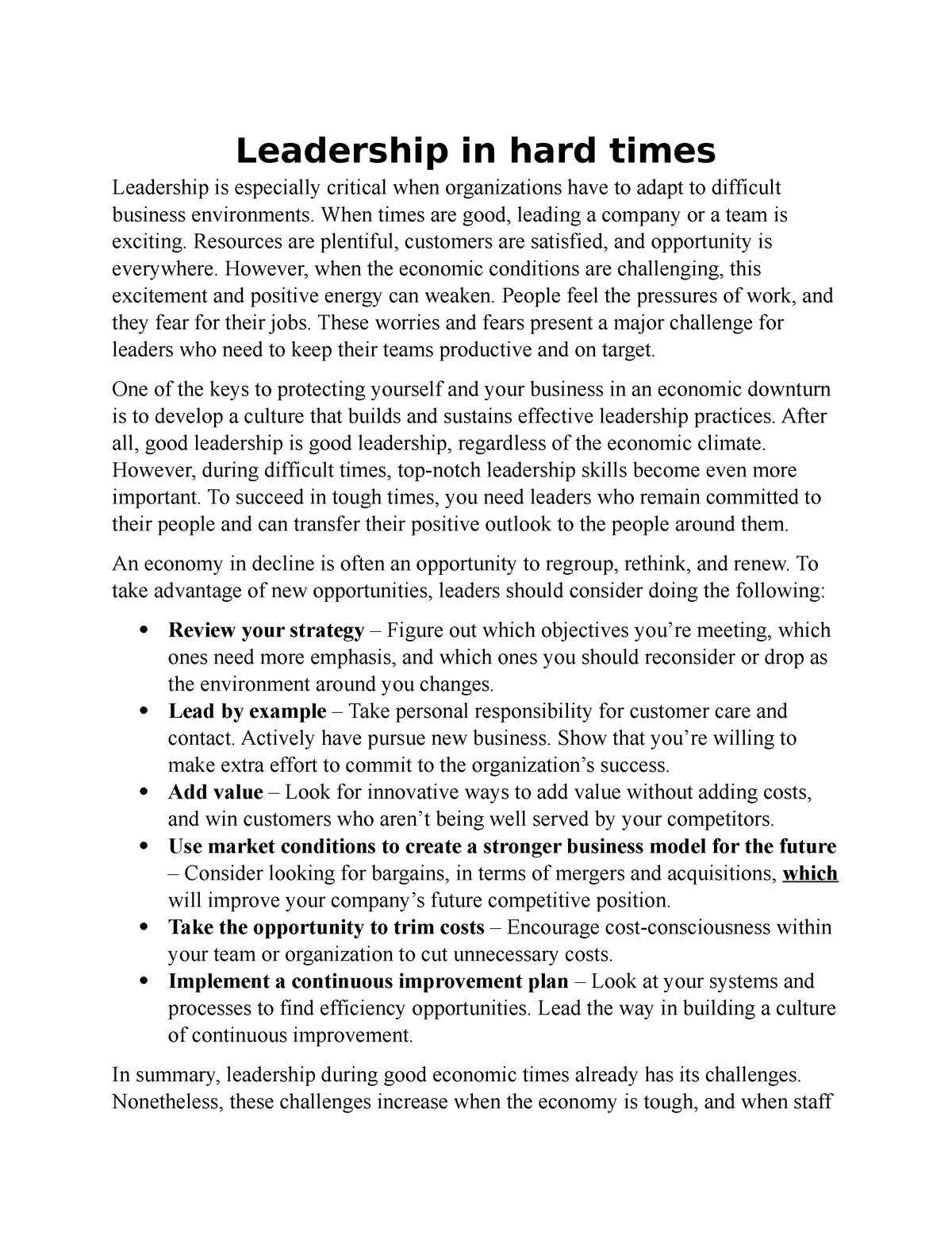 Reading unit6 - nope - Leadership in hard times Leadership is