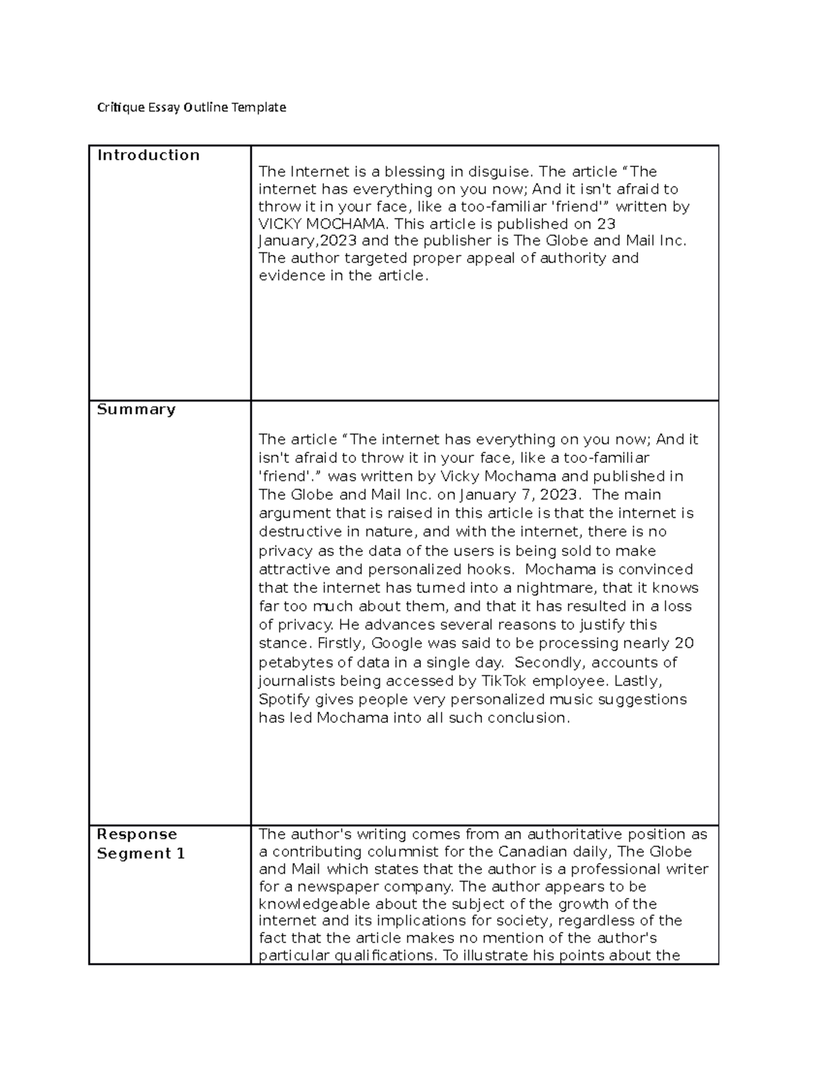 critique essay outline and draft