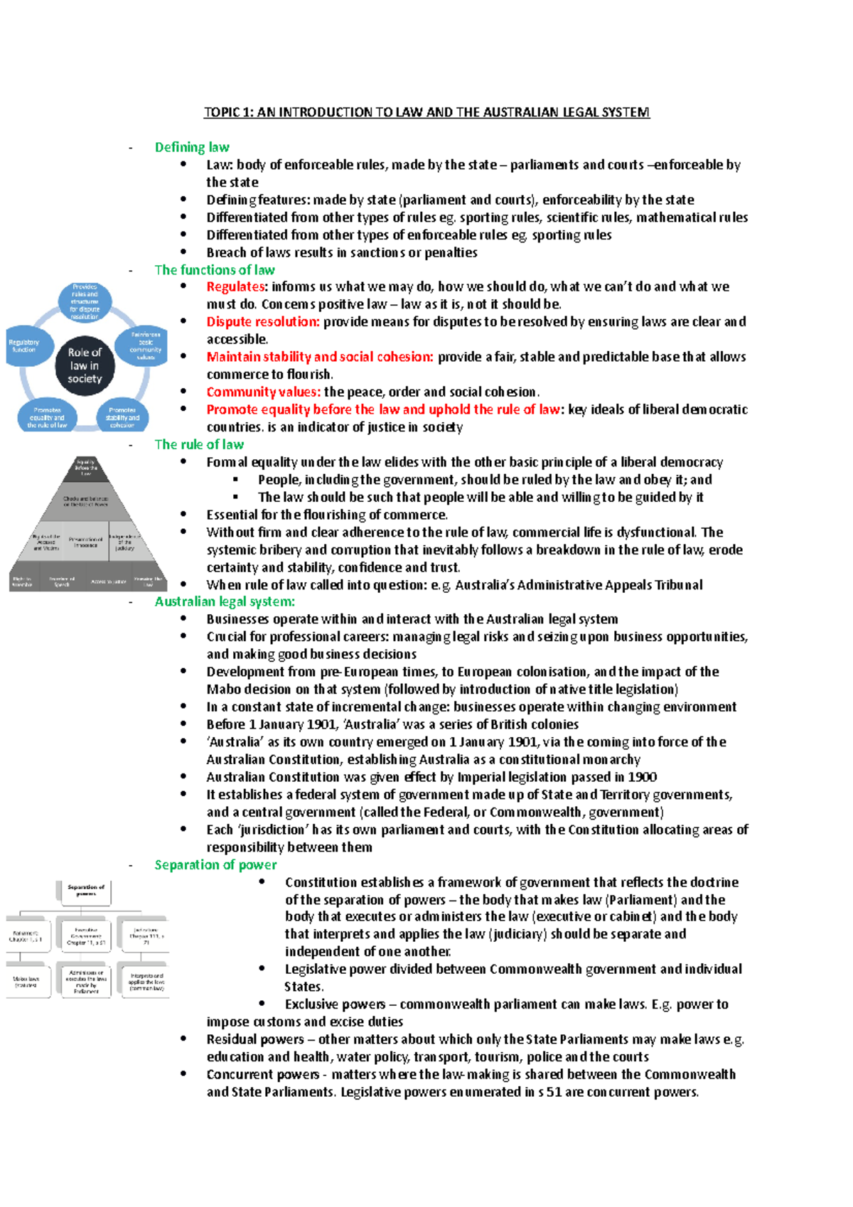 BTC1110 Notes - TOPIC 1: AN INTRODUCTION TO LAW AND THE AUSTRALIAN ...