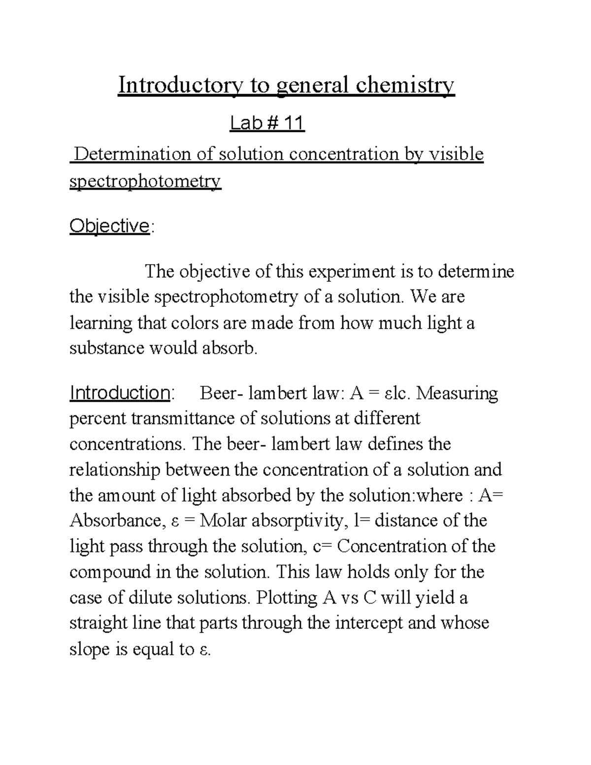 Lab 11 Lab report 11 Introductory to general chemistry Lab 11