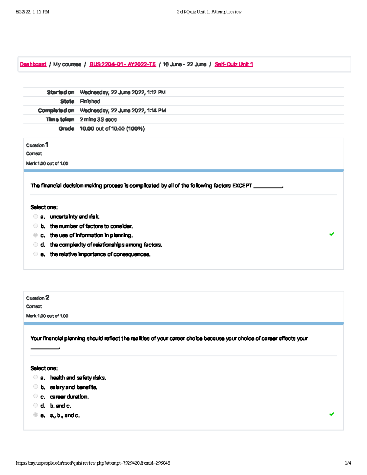 Self-Quiz Unit 1 100 - Unit 1 Self Quiz For BUS 1103 Microeconomics ...