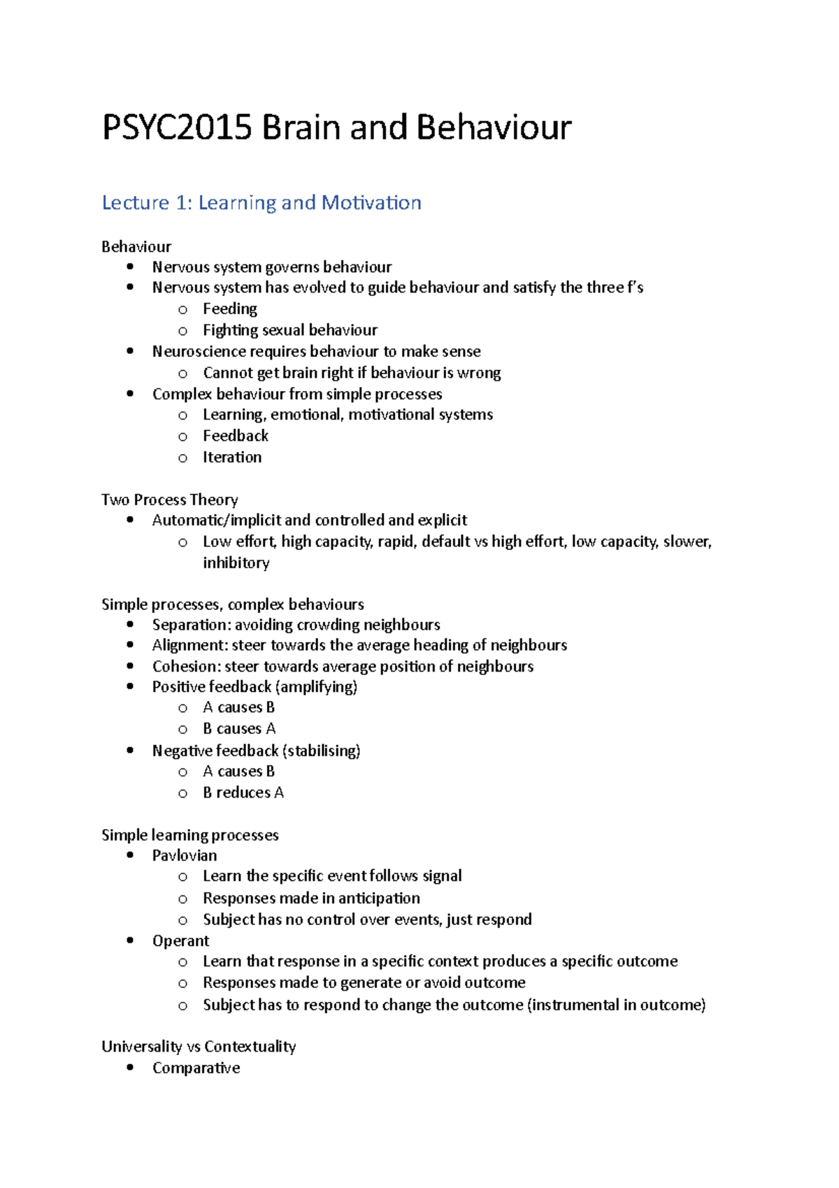 PSYC2015 Notes - PSYC2015 Brain And Behaviour Lecture 1: Learning And ...