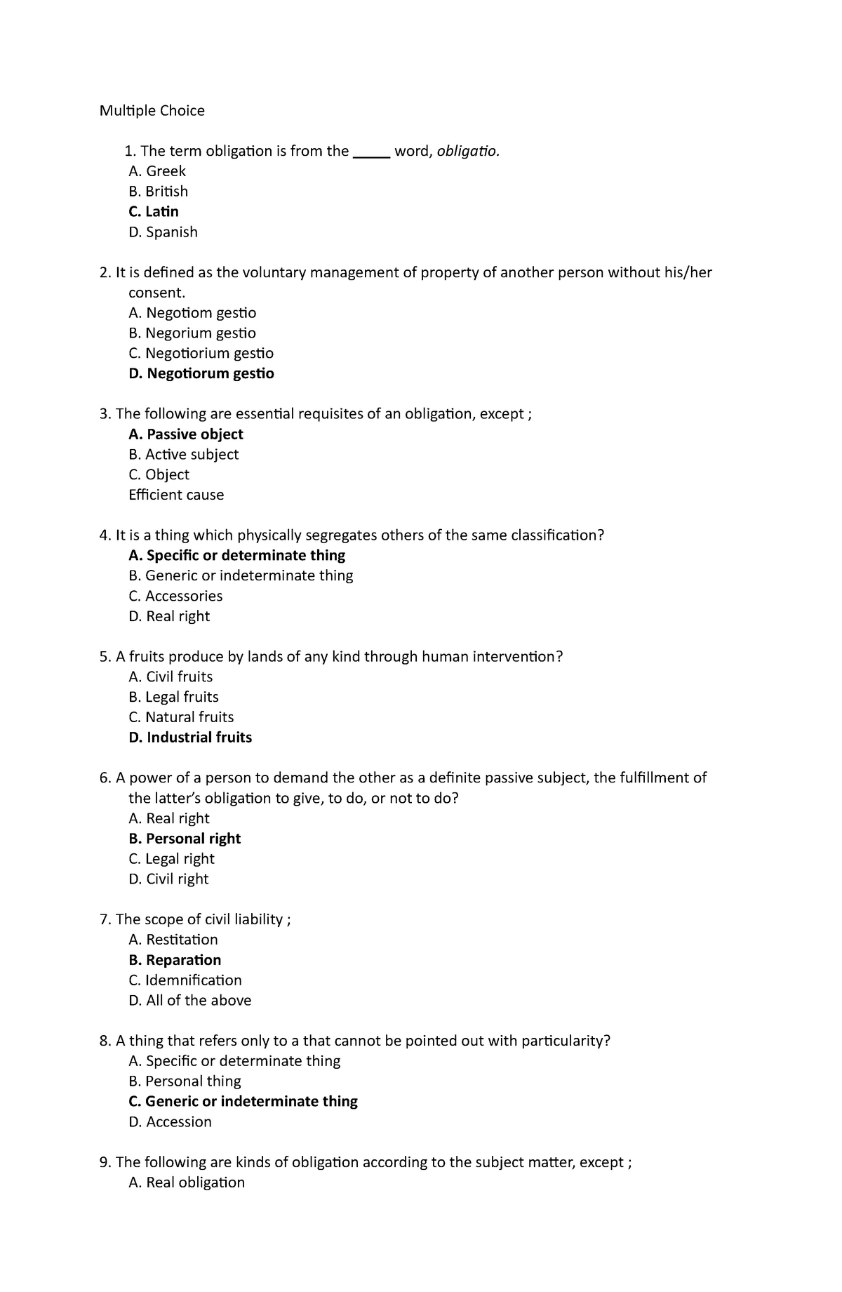 Obli-Con RFBT1 Sample Questions - Multiple Choice The term obligation ...