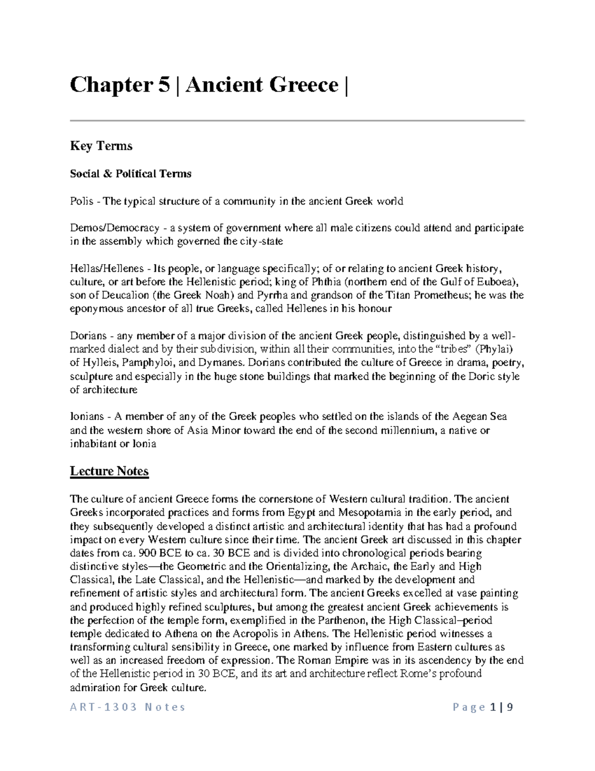 ART1303 Notes (Ancient Greece) Chapter 5 Ancient Greece Key