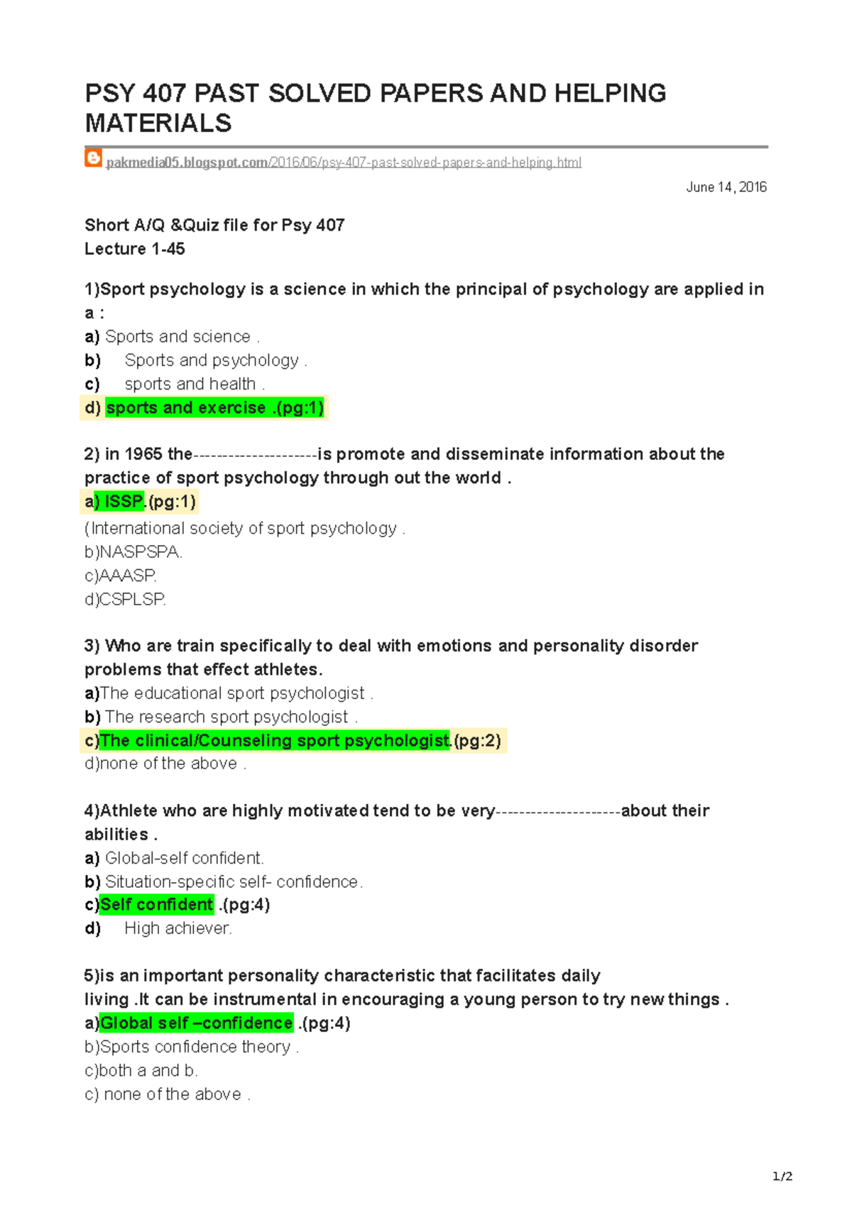 PSY 407 PAST Solved Papers AND Helping Materials - Copy - 1/ 2 PSY 407 ...