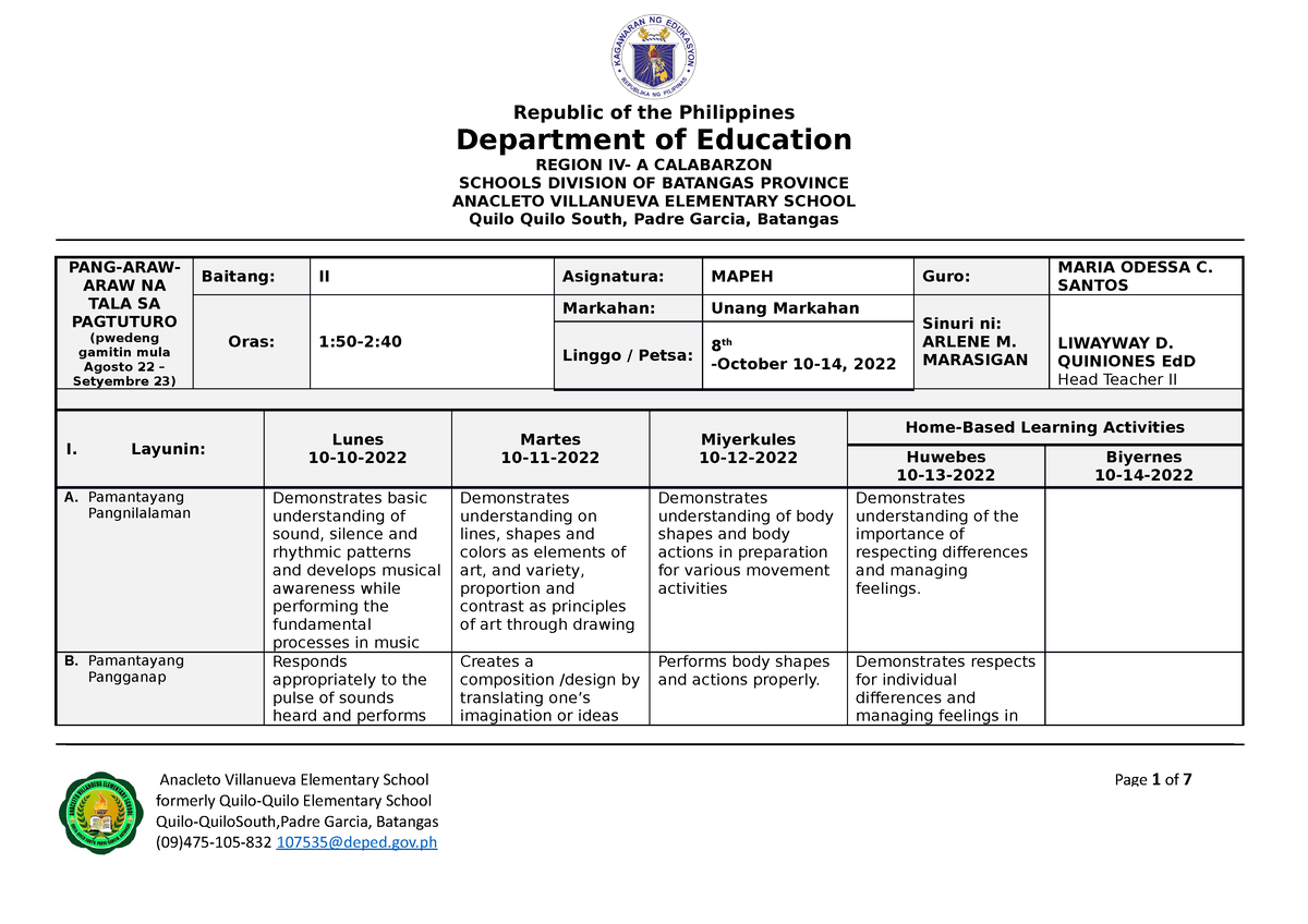 MOCS DLL Q1 WEEK 8 Mapeh - Republic of the Philippines Department of ...