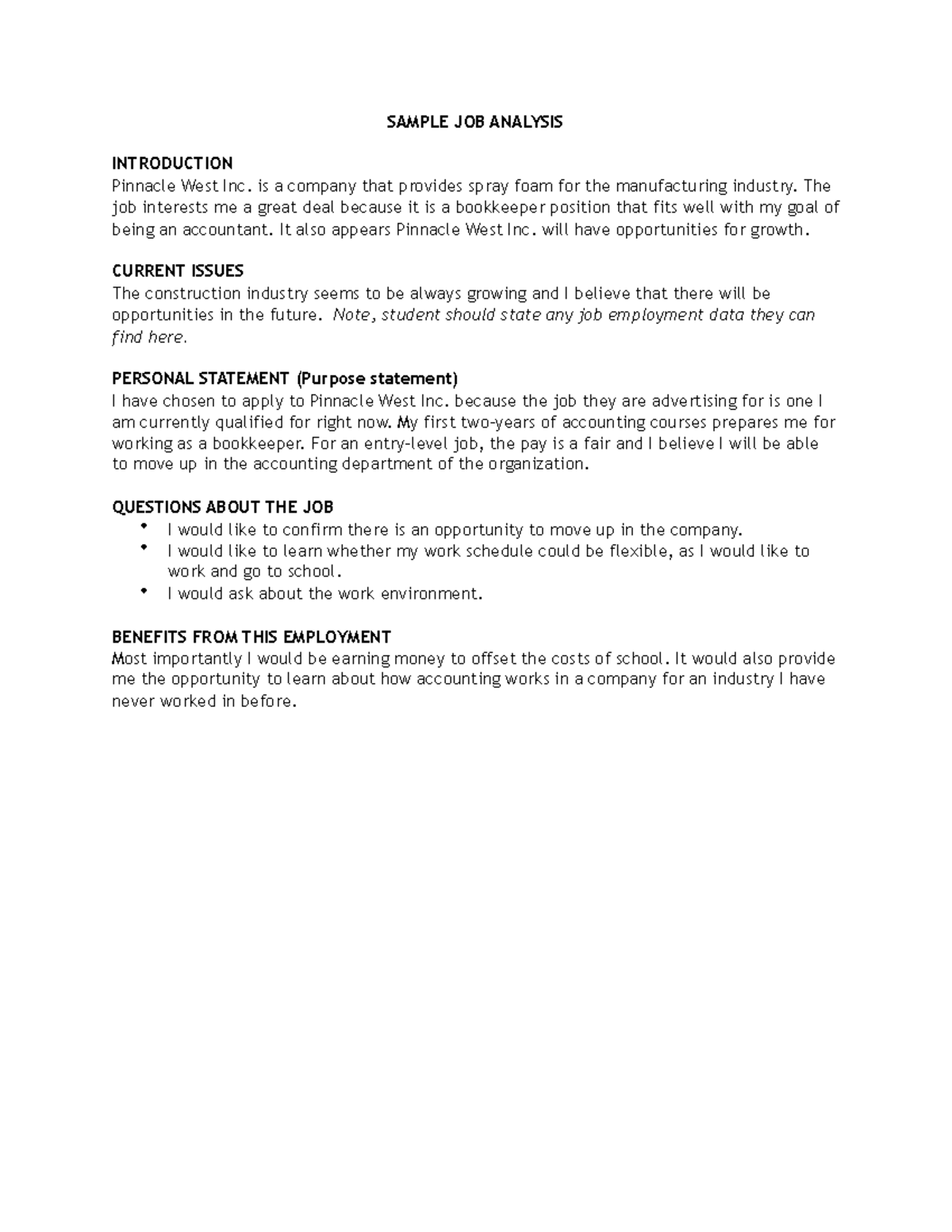 Employment Comms Package Sample Job Analysis - SAMPLE JOB ANALYSIS ...