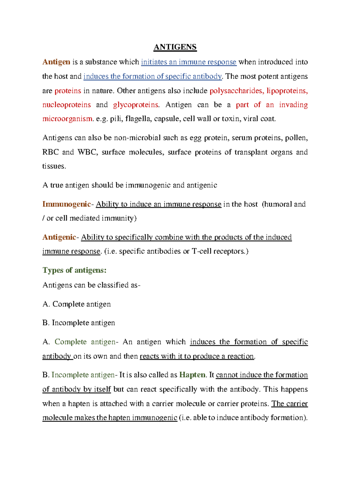 Antigens Notes ANTIGENS Antigen is a substance which initiates an