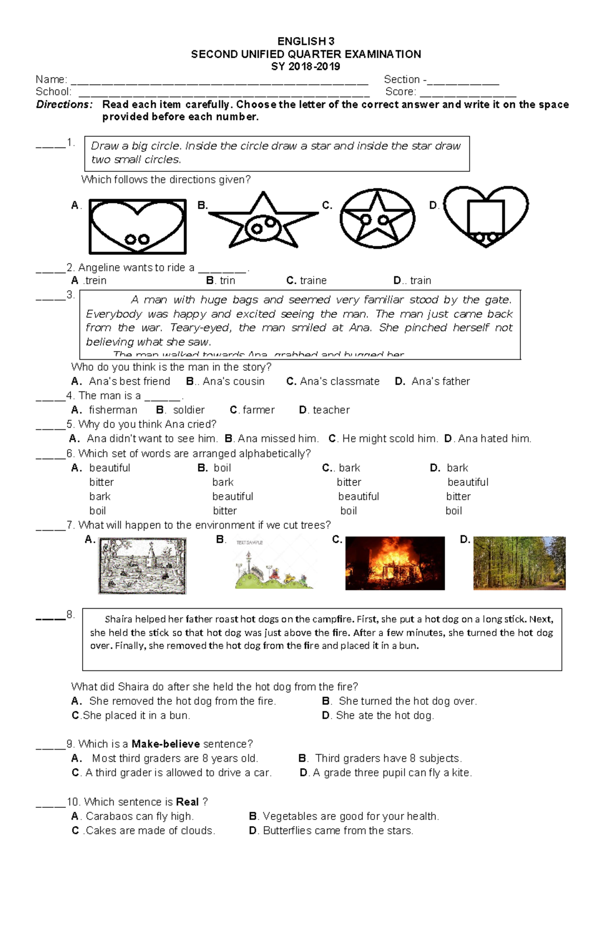 Grade 3 English 2nd Quarter Test Questionnaire Draw a big circle