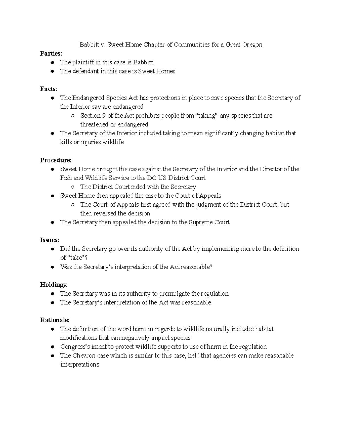Jasmine Sanders Babbit v. Sweet Home Babbitt v. Sweet Home Chapter