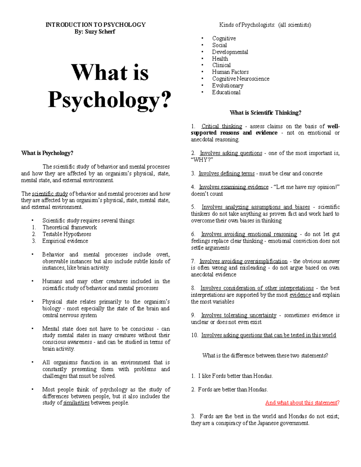 Introduction TO Psychology - INTRODUCTION TO PSYCHOLOGY By: Suzy Scherf ...