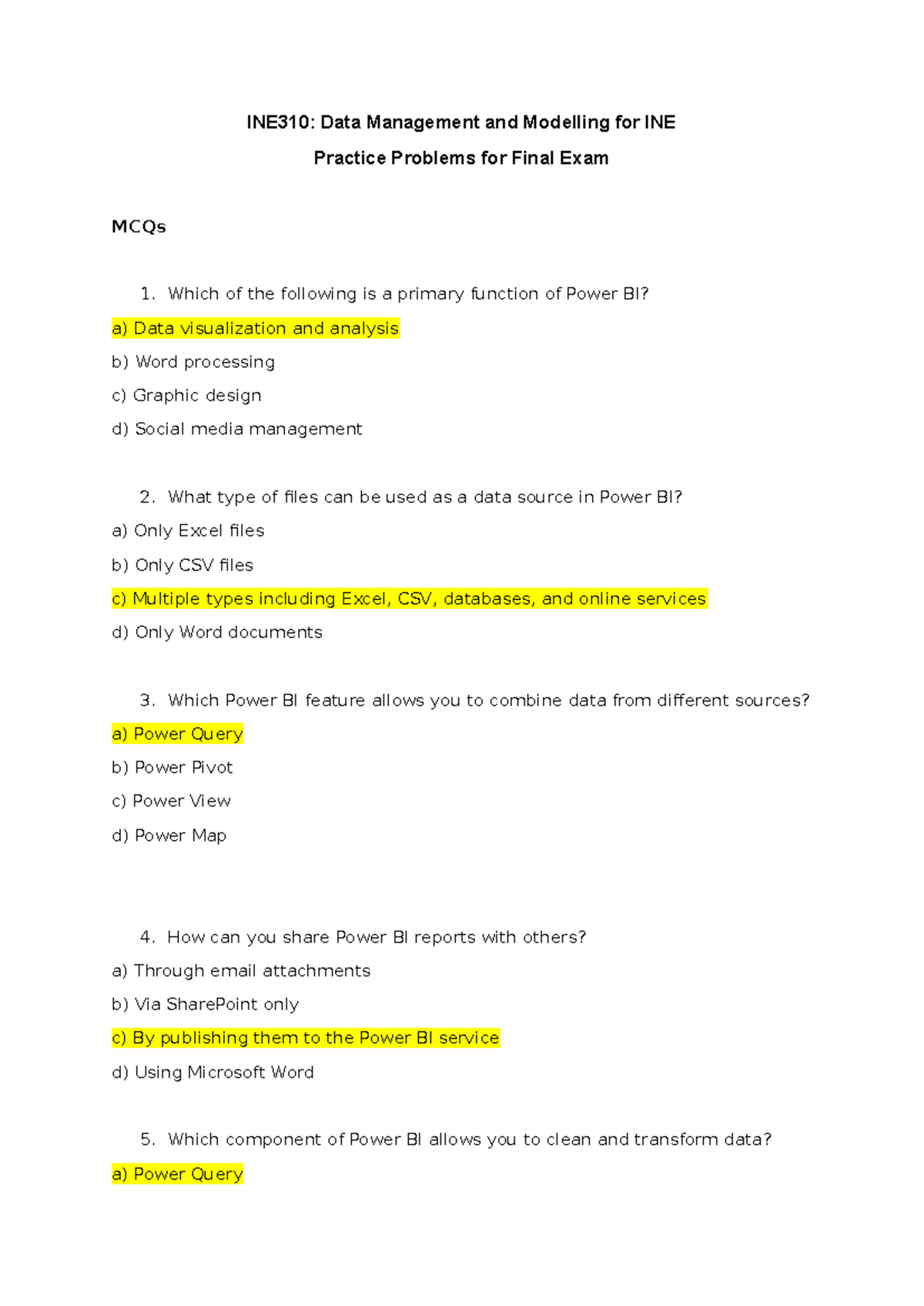Final Exam Practice - INE310: Data Management and Modelling for INE ...