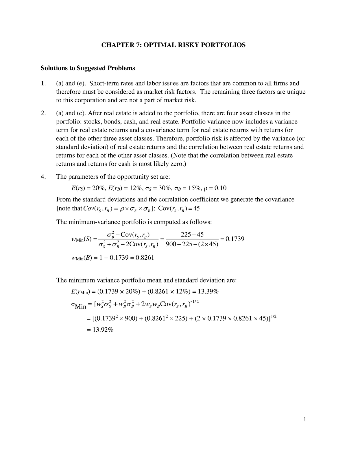 Optimal Risky Portfolio Chapter 7 Solutions - CHAPTER 7: OPTIMAL RISKY ...