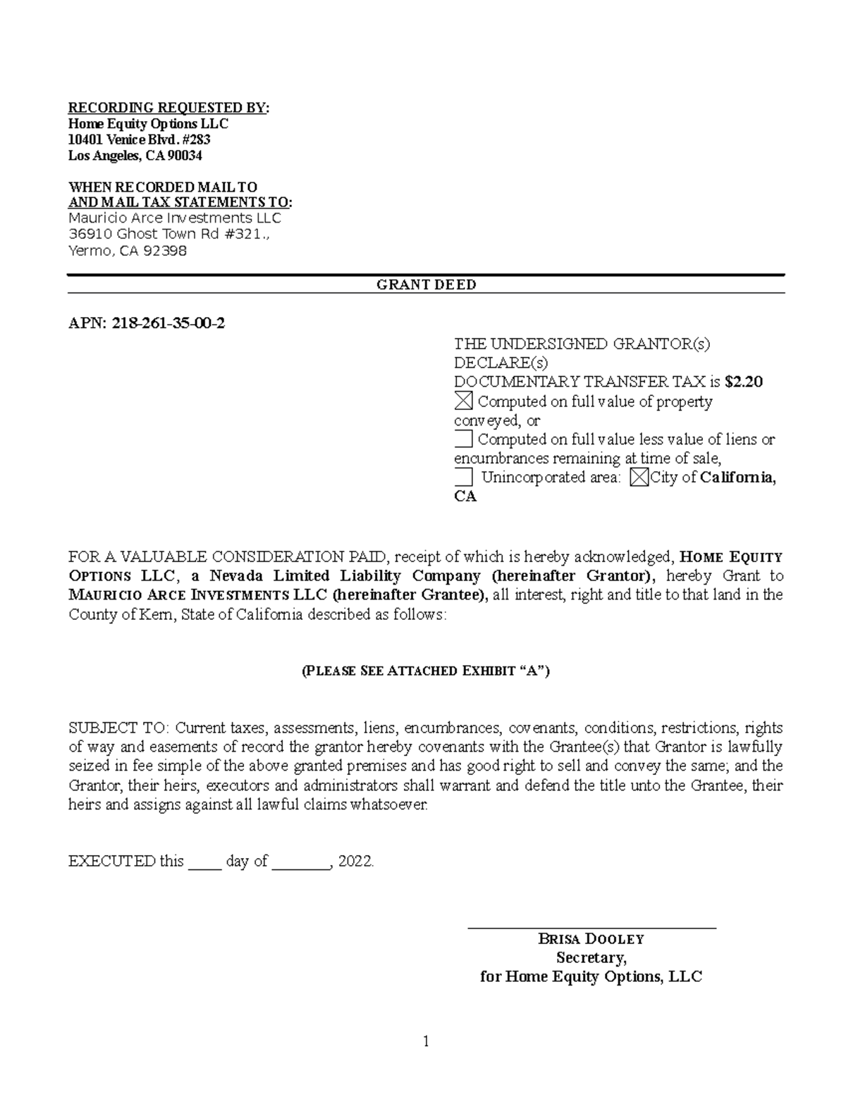 HE to Arce Grant Deed 21826135002 RECORDING REQUESTED BY