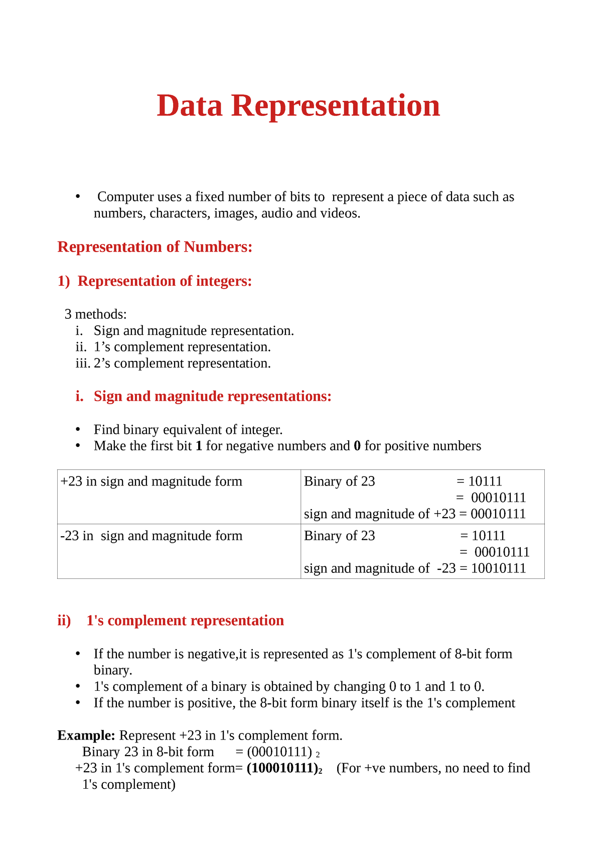 data representation in computer notes