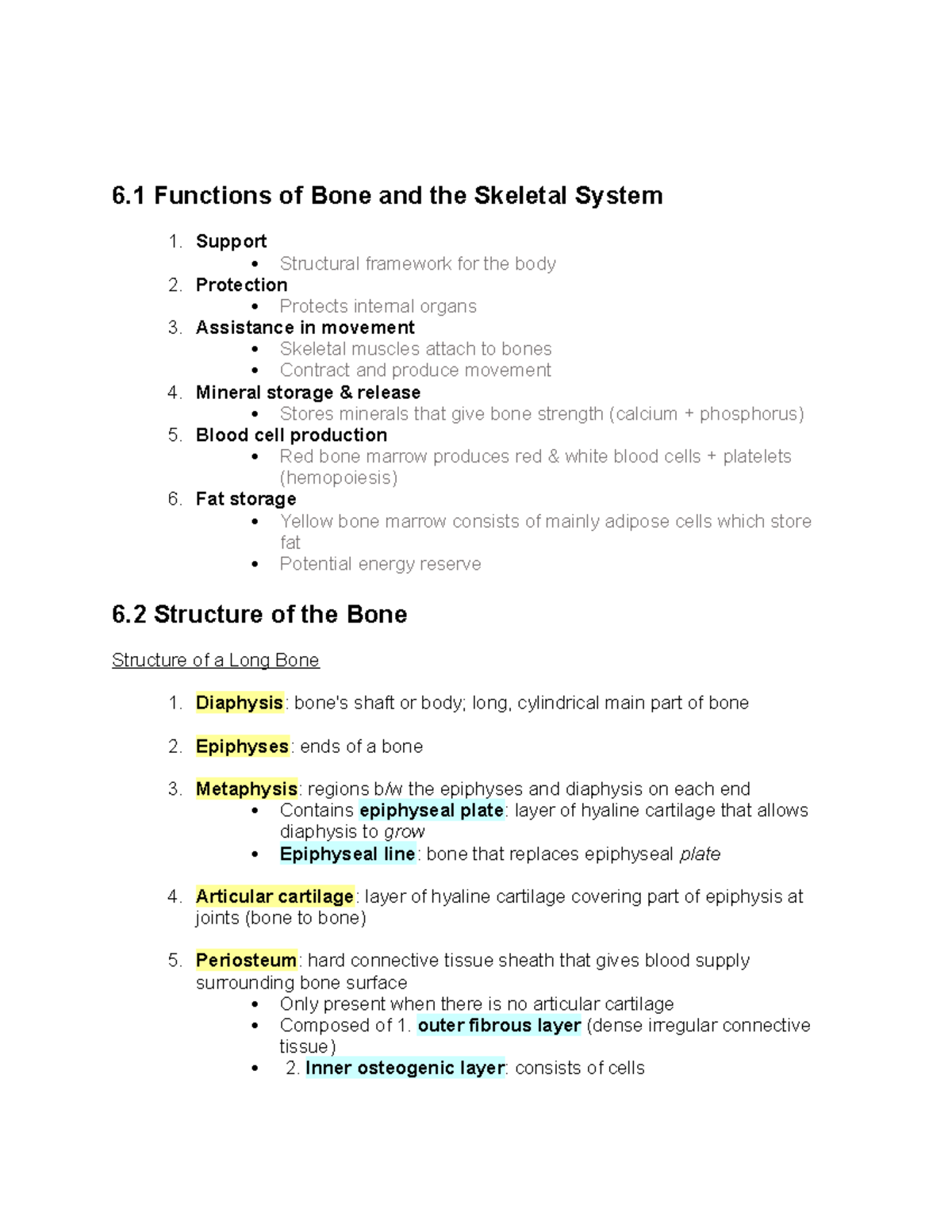Chapter 6 summary - 6 Functions of Bone and the Skeletal System 1 ...