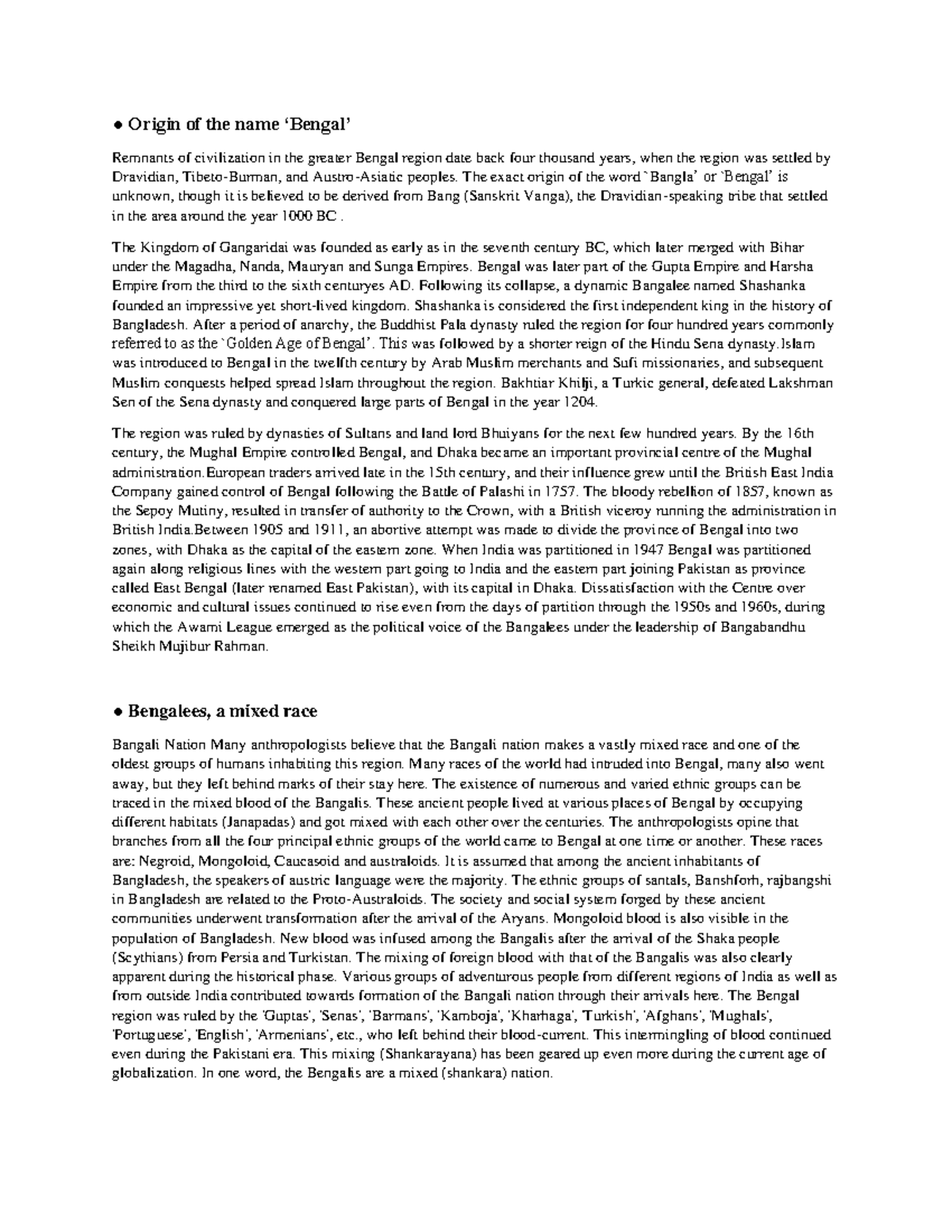 Dr Syfullah Short Question Origin of the name ‘Bengal’ Remnants of