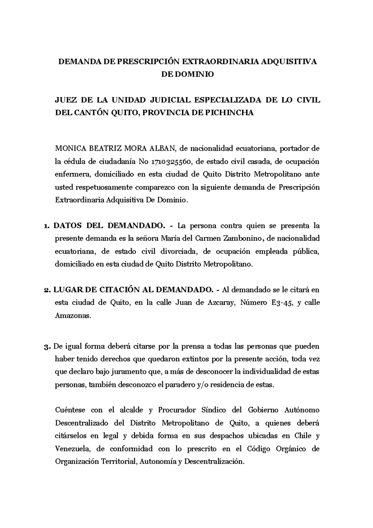 ACDB1 Demanda Prescripción Adquisitiva de Dominio - DEMANDA DE PRESCRIPCIÓN  EXTRAORDINARIA - Studocu