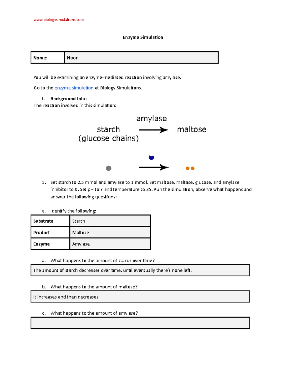Enzyme Simulation Investigation Enzyme Simulation Name Noor You will