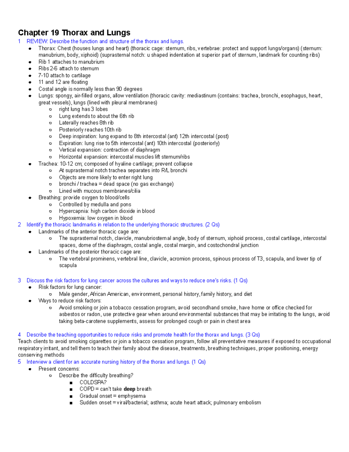 Health A Exam 3-objectives - Chapter 19 Thorax and Lungs 1 REVIEW ...