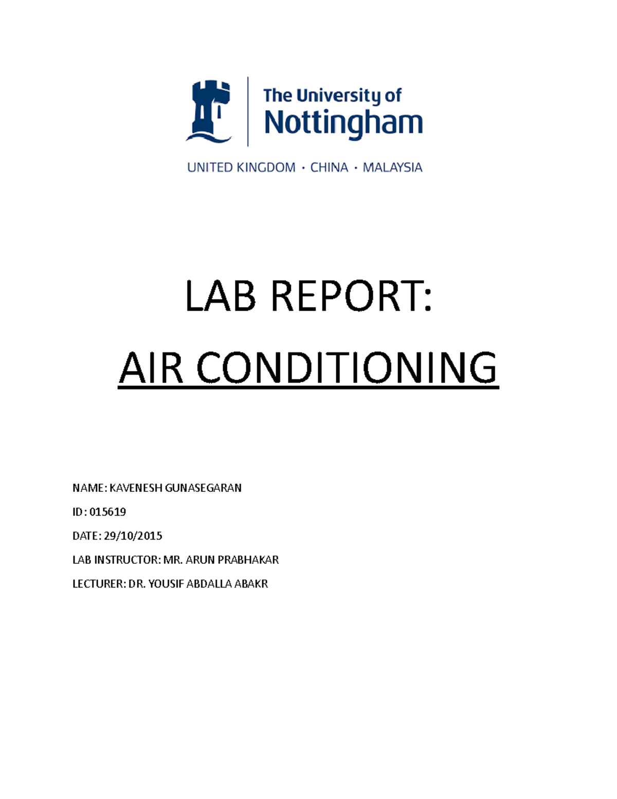 LAB Report AIR COND Air conditioning lab LAB REPORT AIR