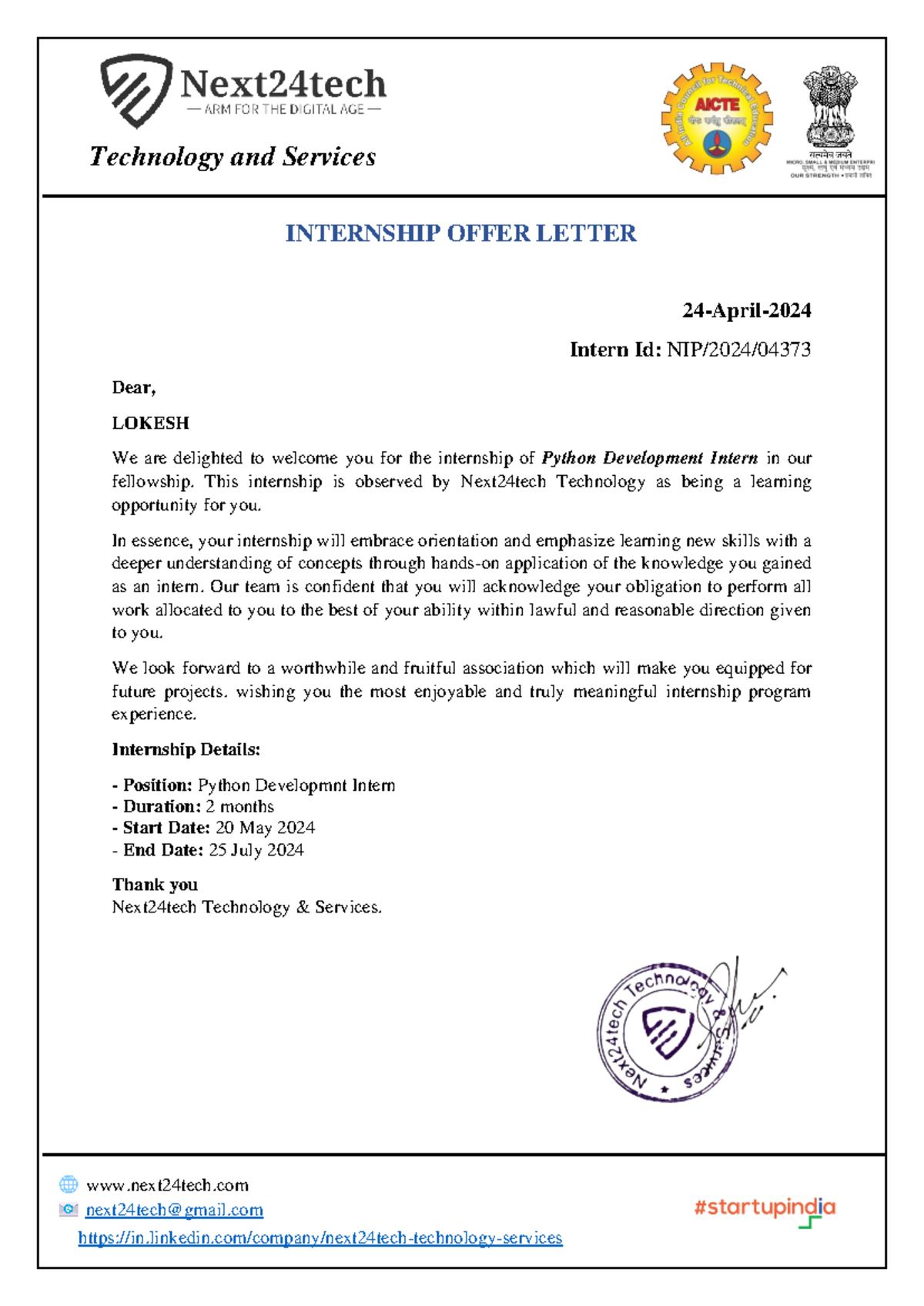 Lokesh Offer Letter Next24tech - Technology and Services INTERNSHIP ...