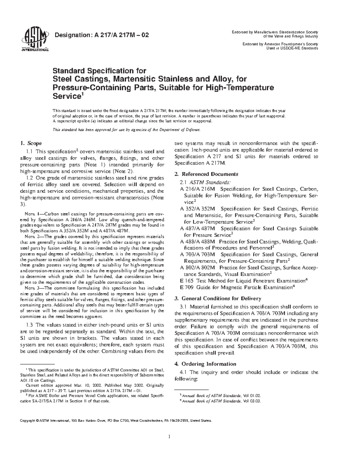 A217A217M - DASDASD - Designation: A 217/A 217M – 02 Endorsed by ...