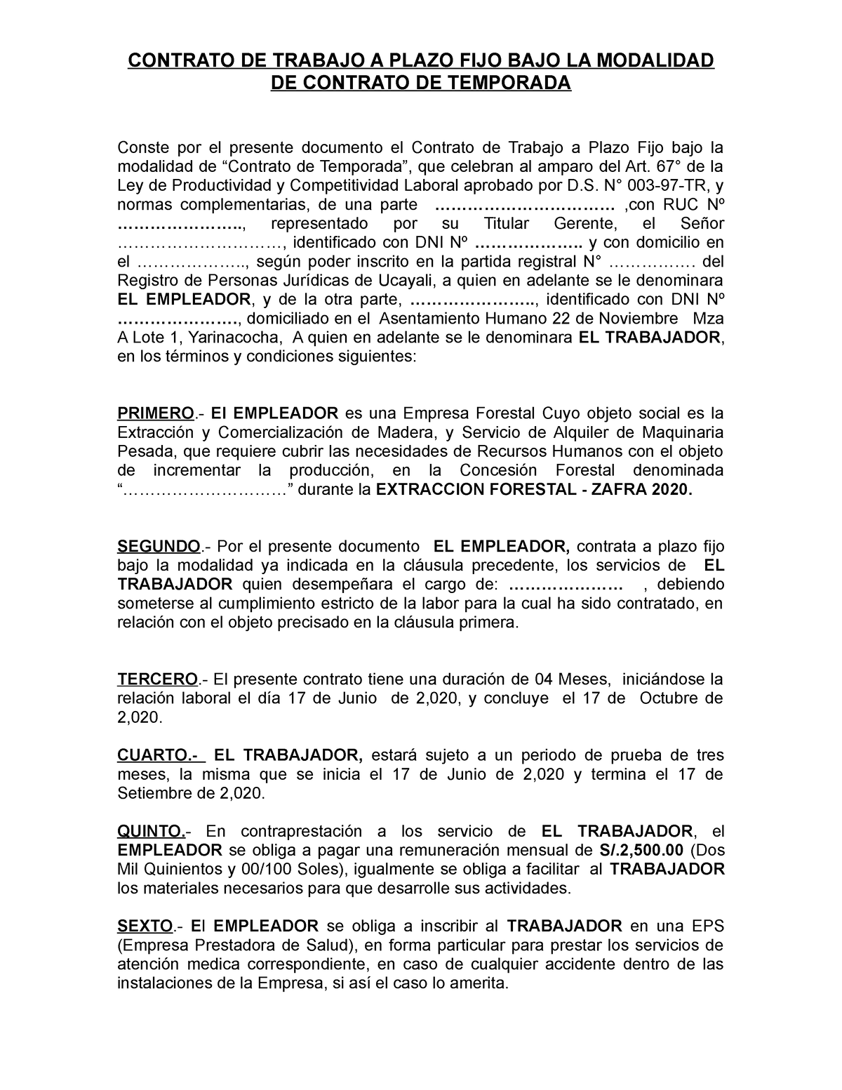 Contrato De Trabajo A Plazo Fijo Bajo La Modalidad De Contrato De Temporada Contrato De