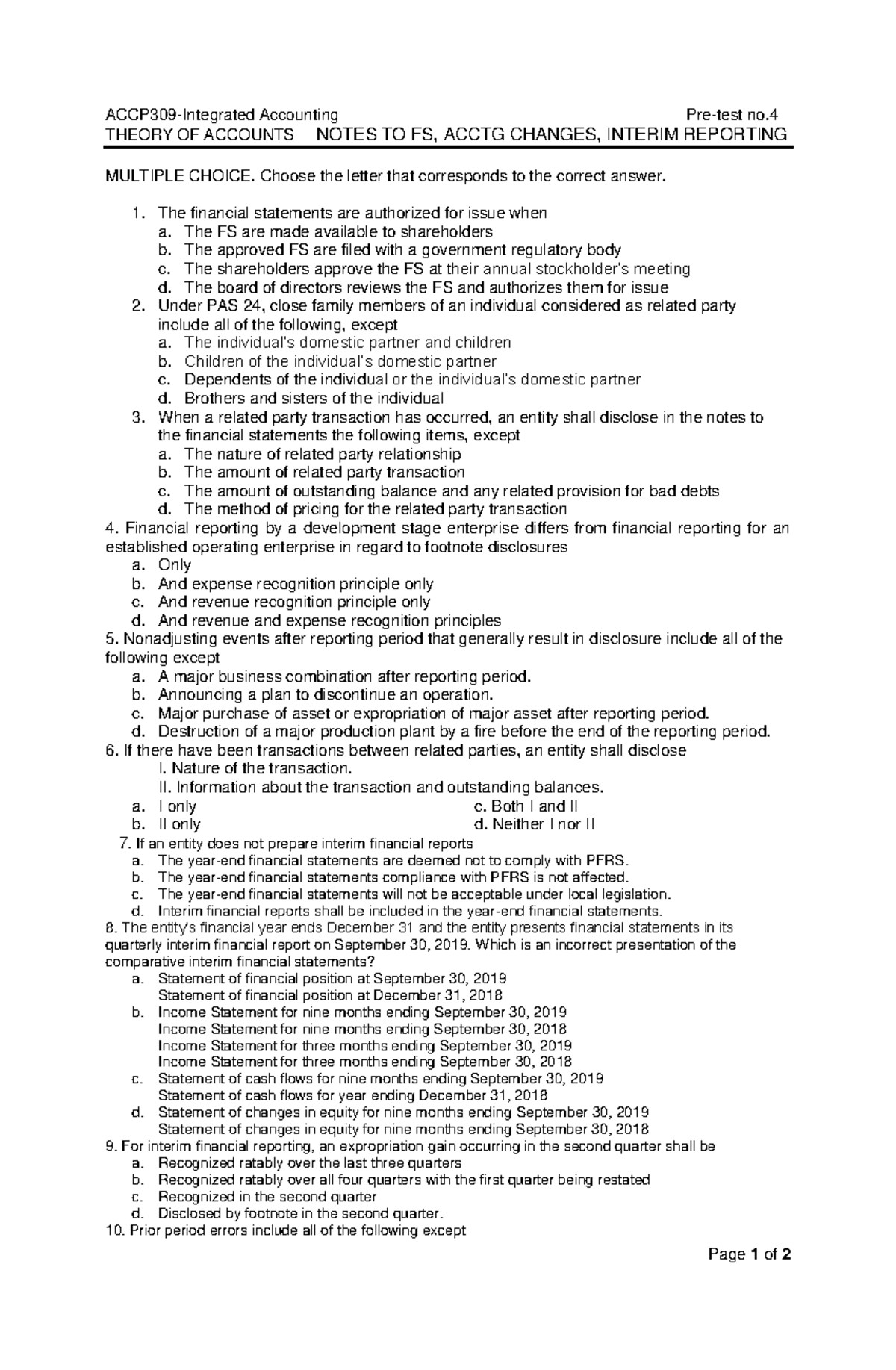 Pre-Test Part 4 Students - Page 1 Of 2 ACCP309-Integrated Accounting ...