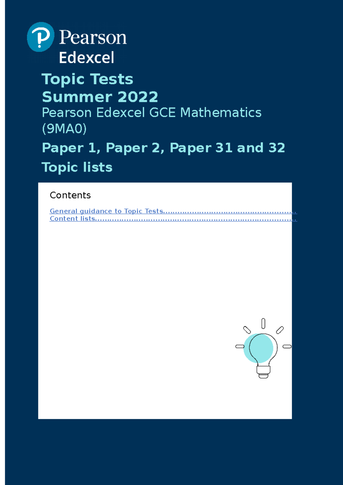 9MA0 A Level Maths Content Lists yess Topic Tests Summer 2022 Pearson