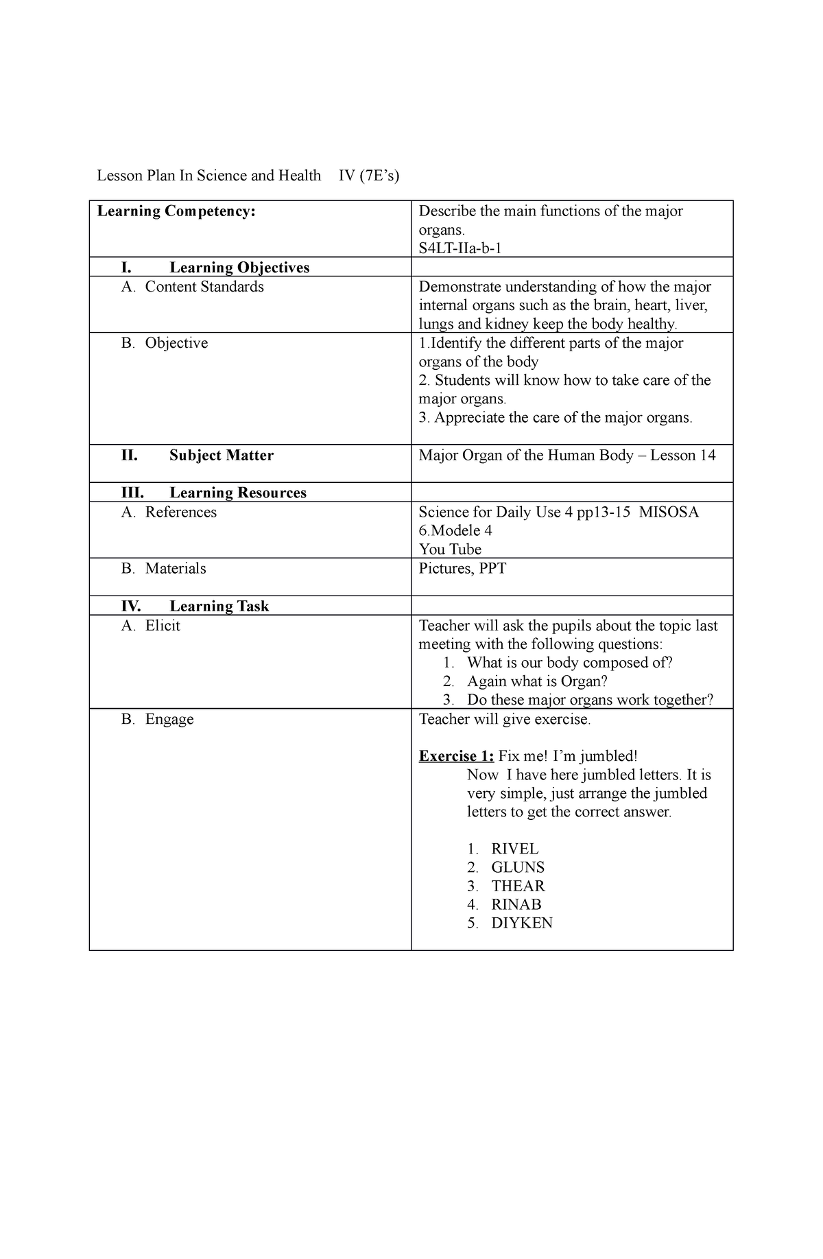 Science - 7E's Lesson Plan - Lesson Plan In Science And Health IV (7E’s ...