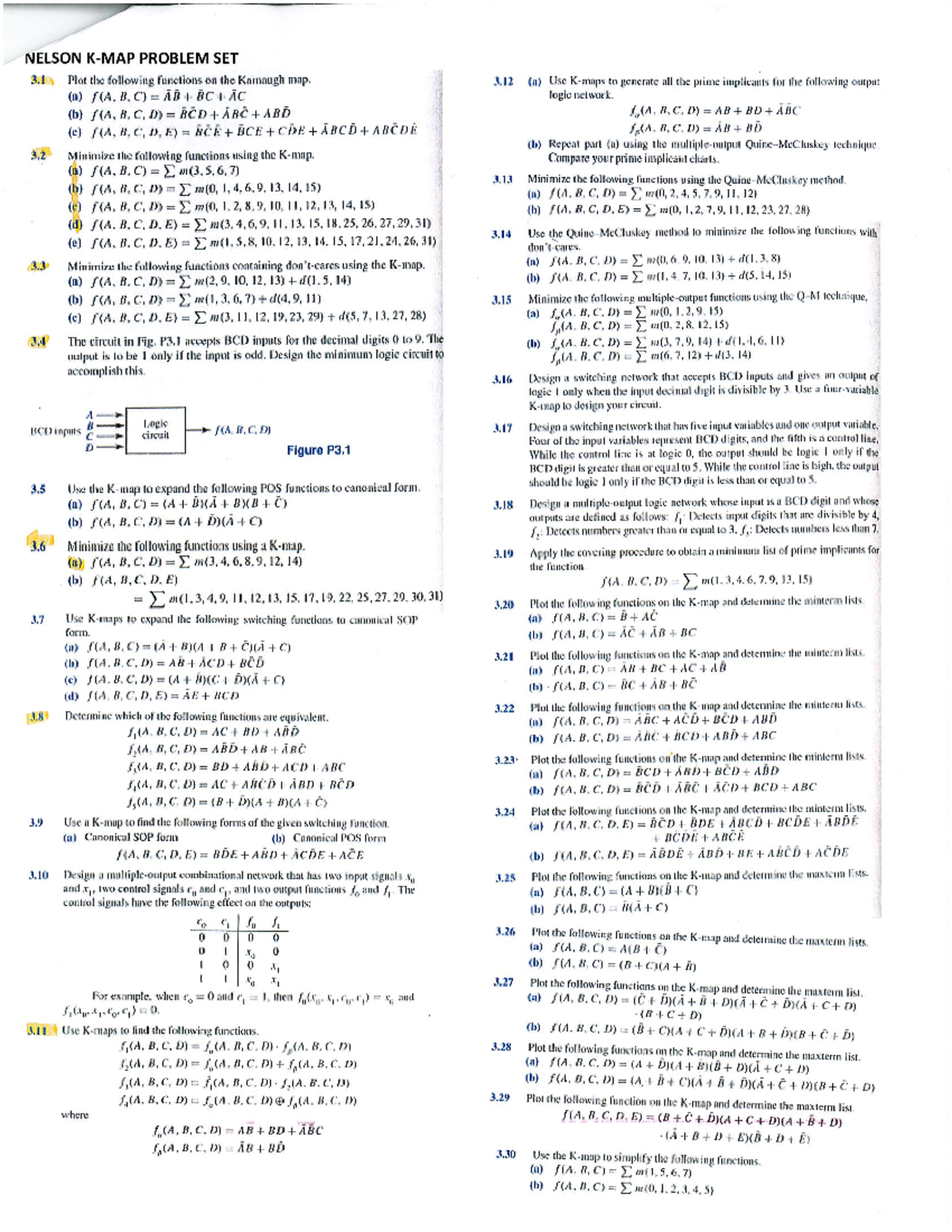 Nelson K-Map simplification exercises - NELSON PROBLEM SET 3 Plot the ...