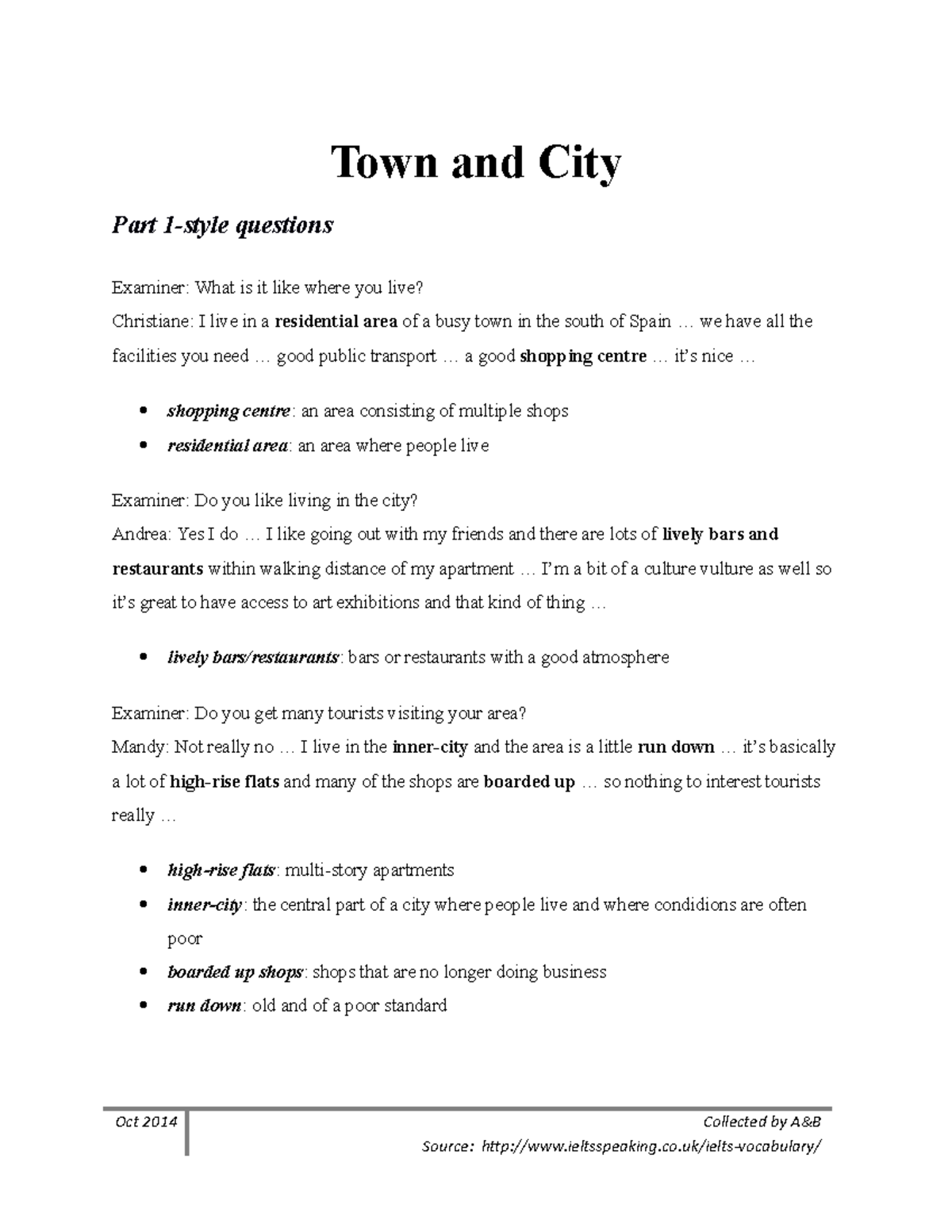 Town and City summary Town and City Part 1style questions Examiner