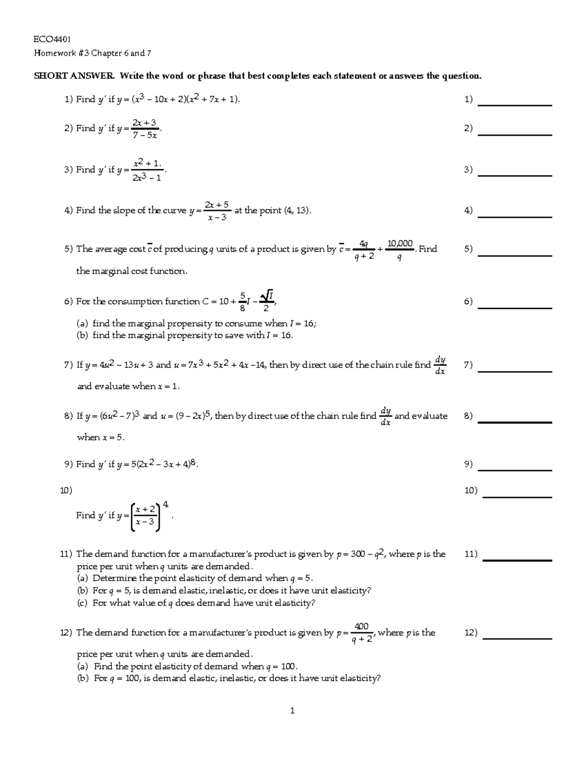 HW3 - Practice material for the course. - ECO 4401 Homework #3 Chapter ...