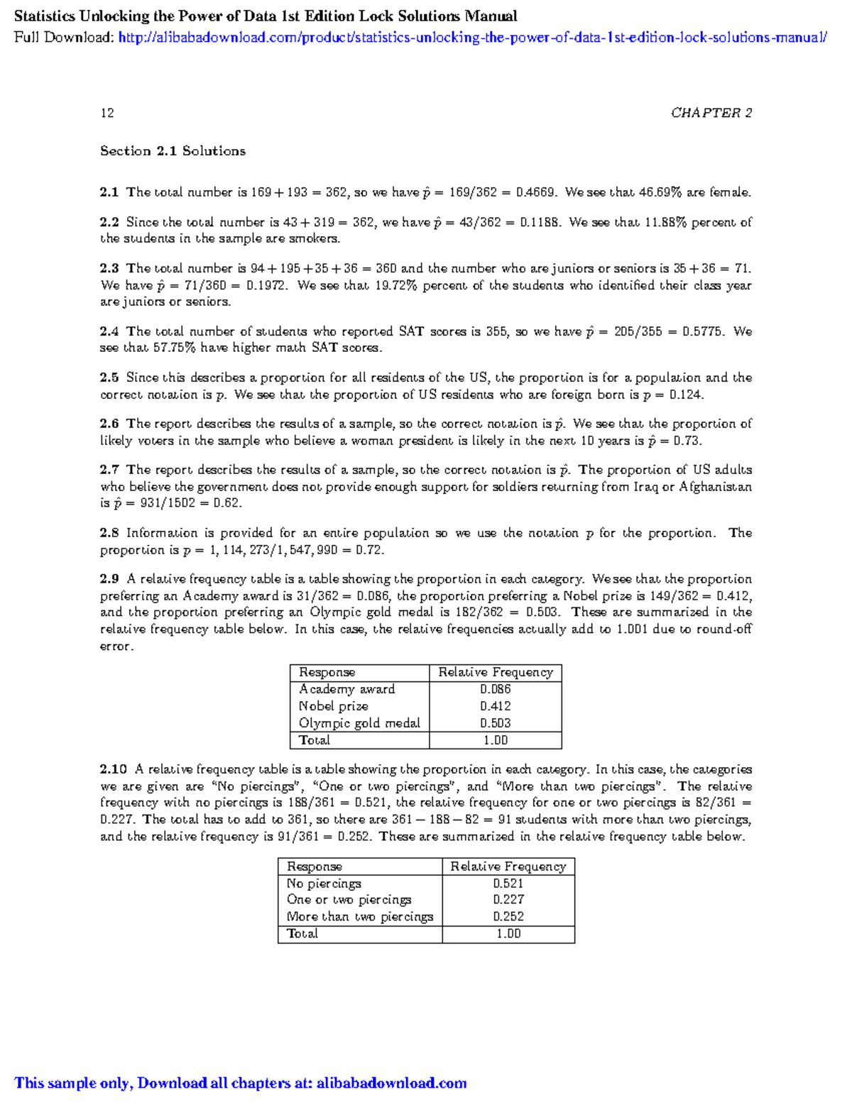 Statistics unlocking the power of data 1st edition lock solutions ...