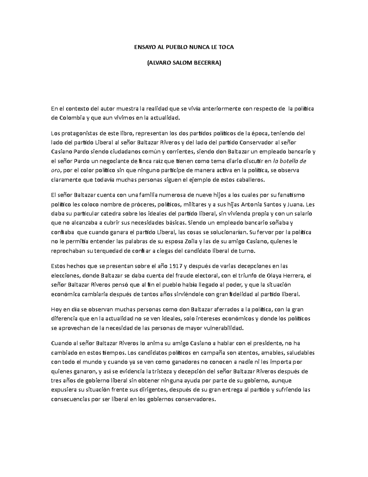 Analisis Obra Al Pueblo Nunca Le Toca Docsity