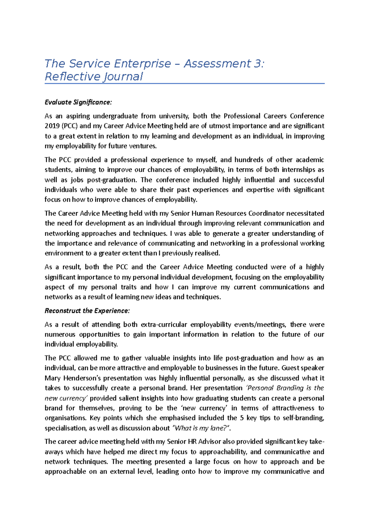 The Service Enterprise - Assessment 3 - Individual Reflection - The ...
