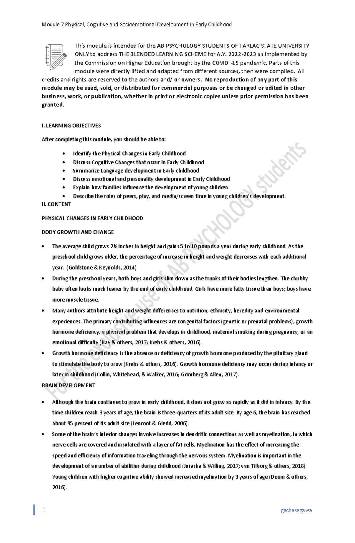 Module 7 Early Childhood Physical Cognitive and Sorio Emotional ...