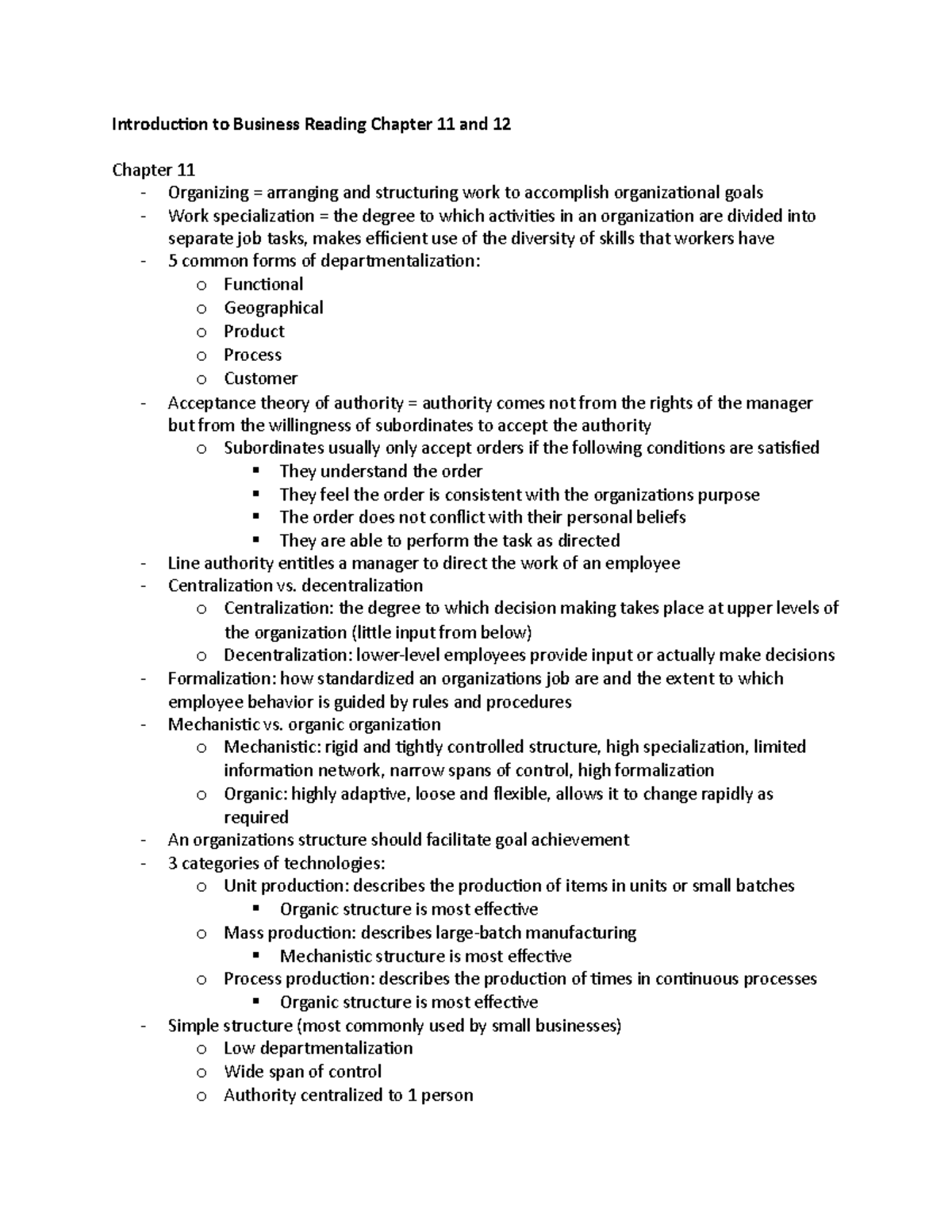 Introduction to Business Reading Chapter 11 and 12 - decentralization o ...