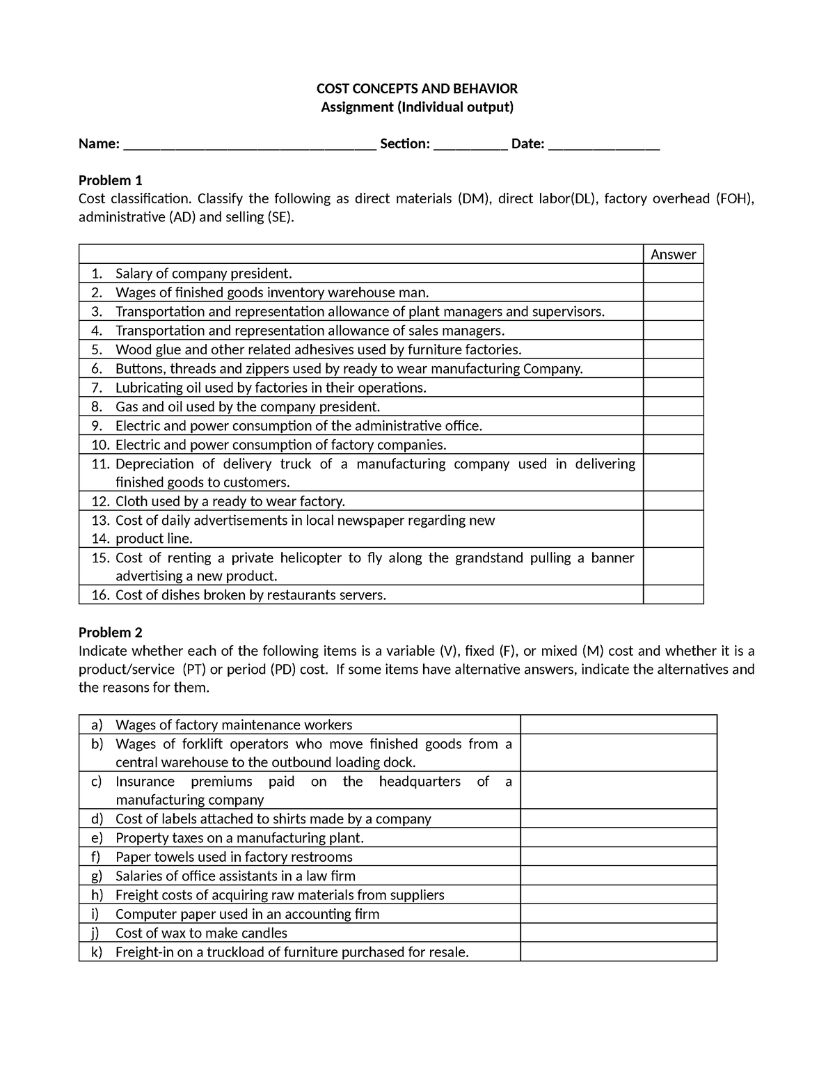 Assignment COST Concepts AND Behavior - COST CONCEPTS AND BEHAVIOR ...