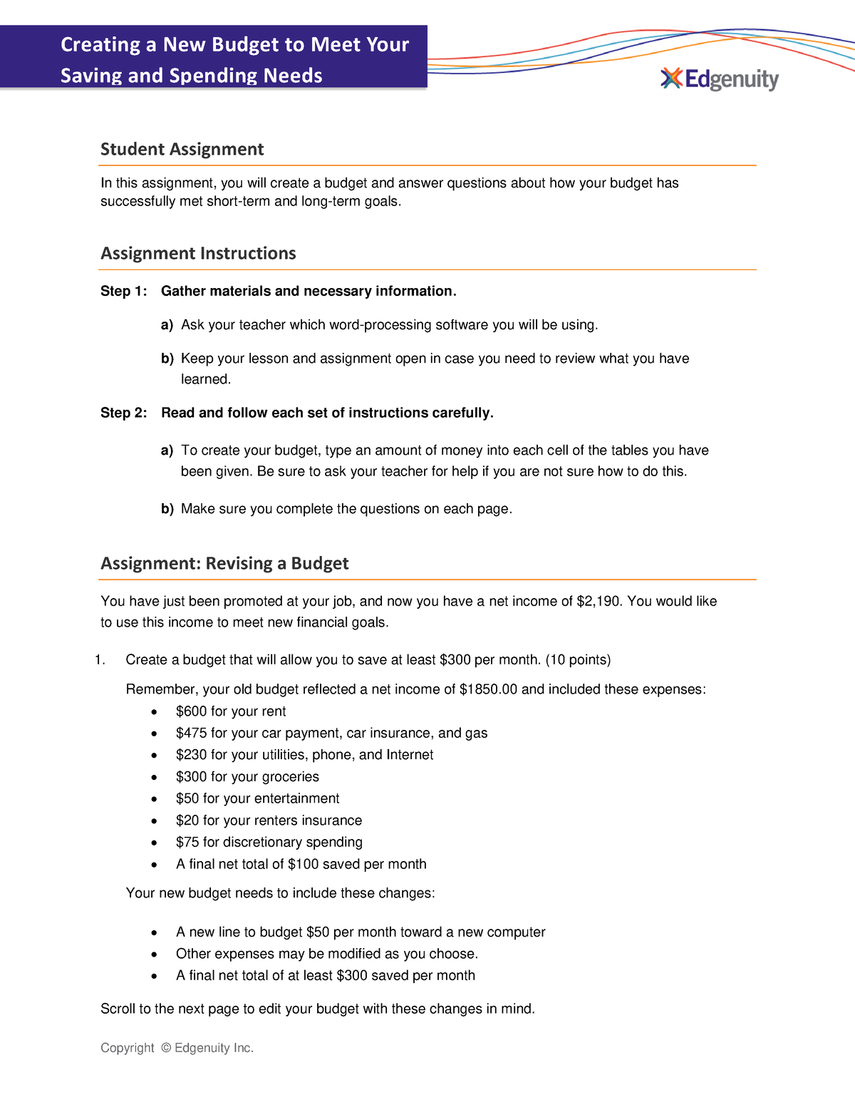 creating a new budget student assignment edgenuity answers