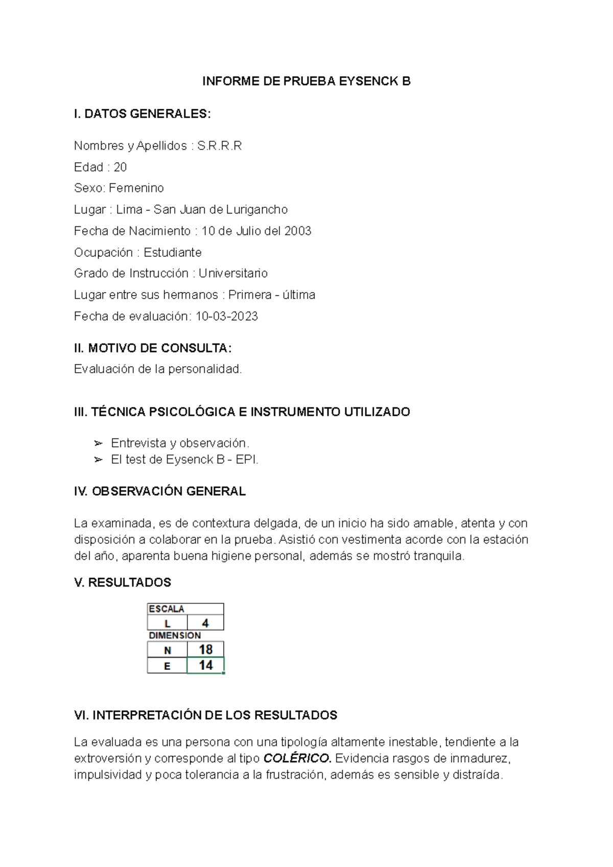 Informe De Prueba Eysenck B. - INFORME DE PRUEBA EYSENCK B I. DATOS ...