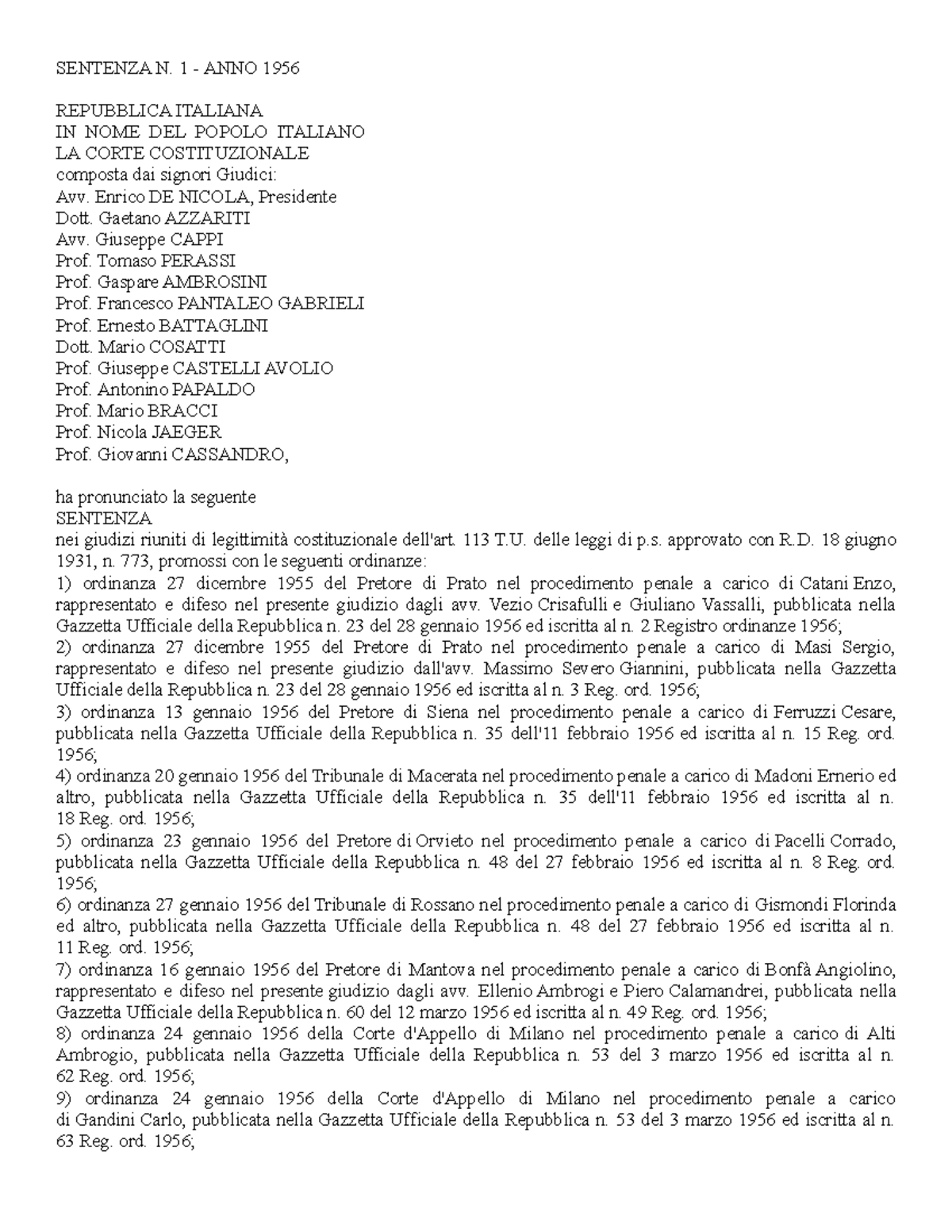 Sentenza N° 1 DEL 1956 Della Corte Costituzionale - SENTENZA N. 1 ...