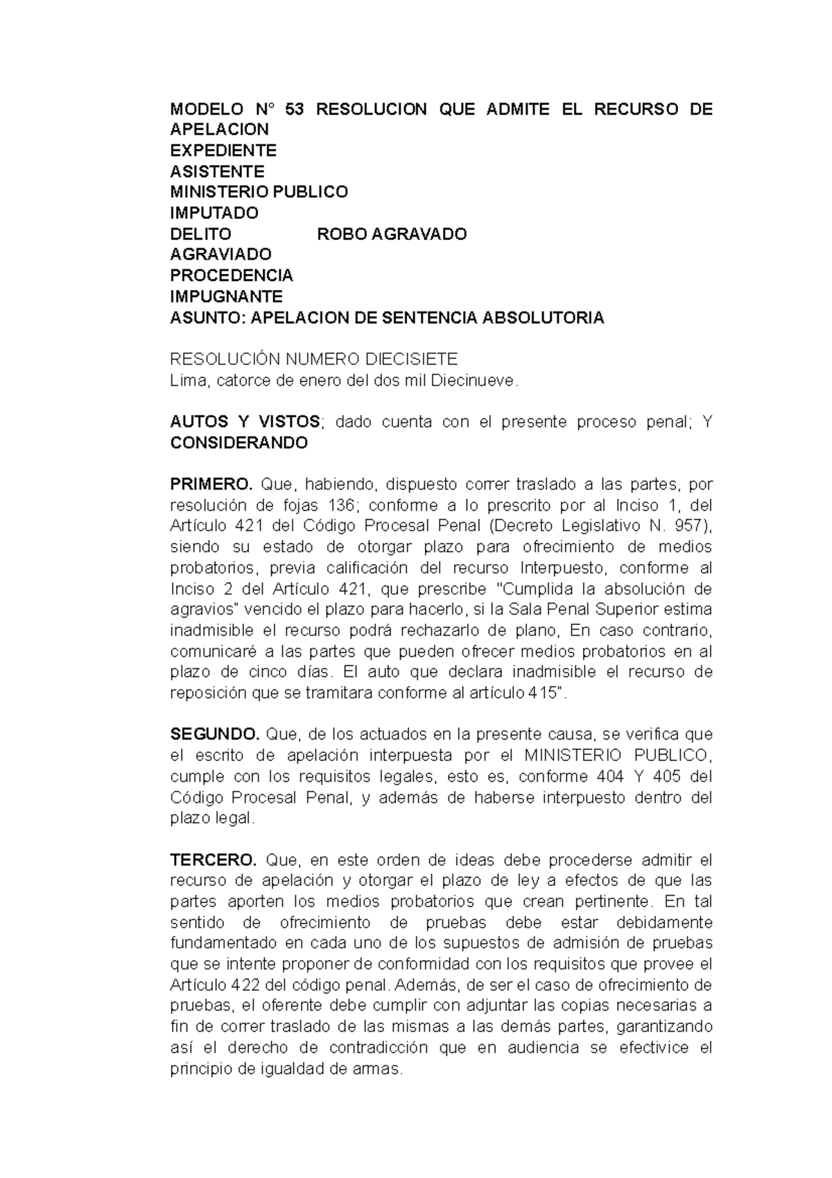  Modelo DE Resolucion QUE Admite EL Recurso DE Apelacion - MODELO N° 53  RESOLUCION QUE ADMITE EL - Studocu