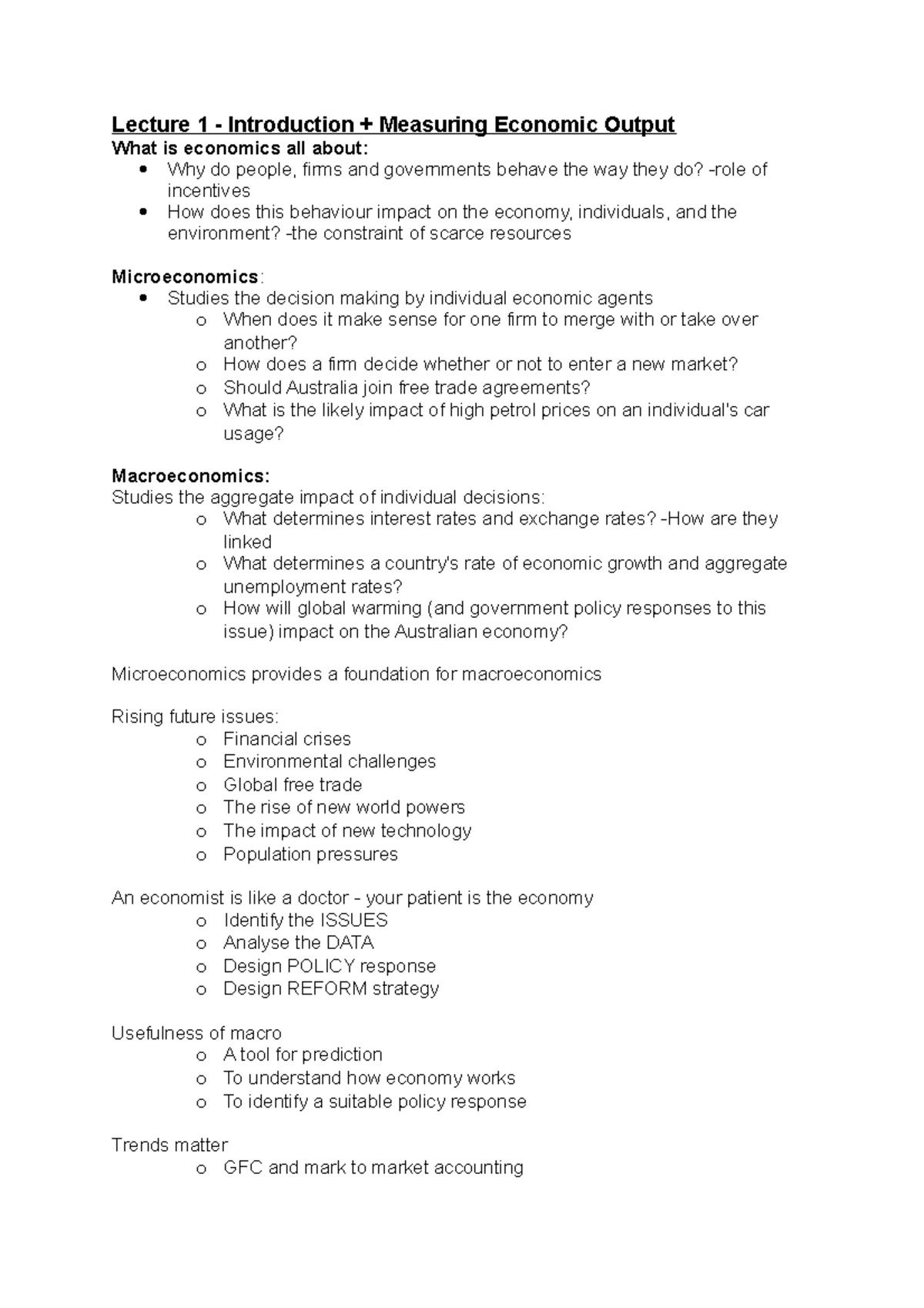 ECON 1002 notes - Lecture 1 - Introduction + Measuring Economic Output ...