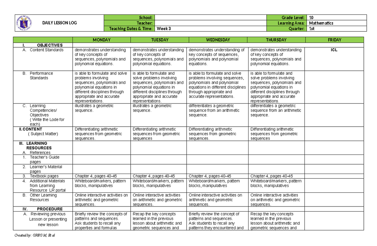 Math10 Wk3 - ddl - DAILY LESSON LOG School: Grade Level: 10 Teacher ...