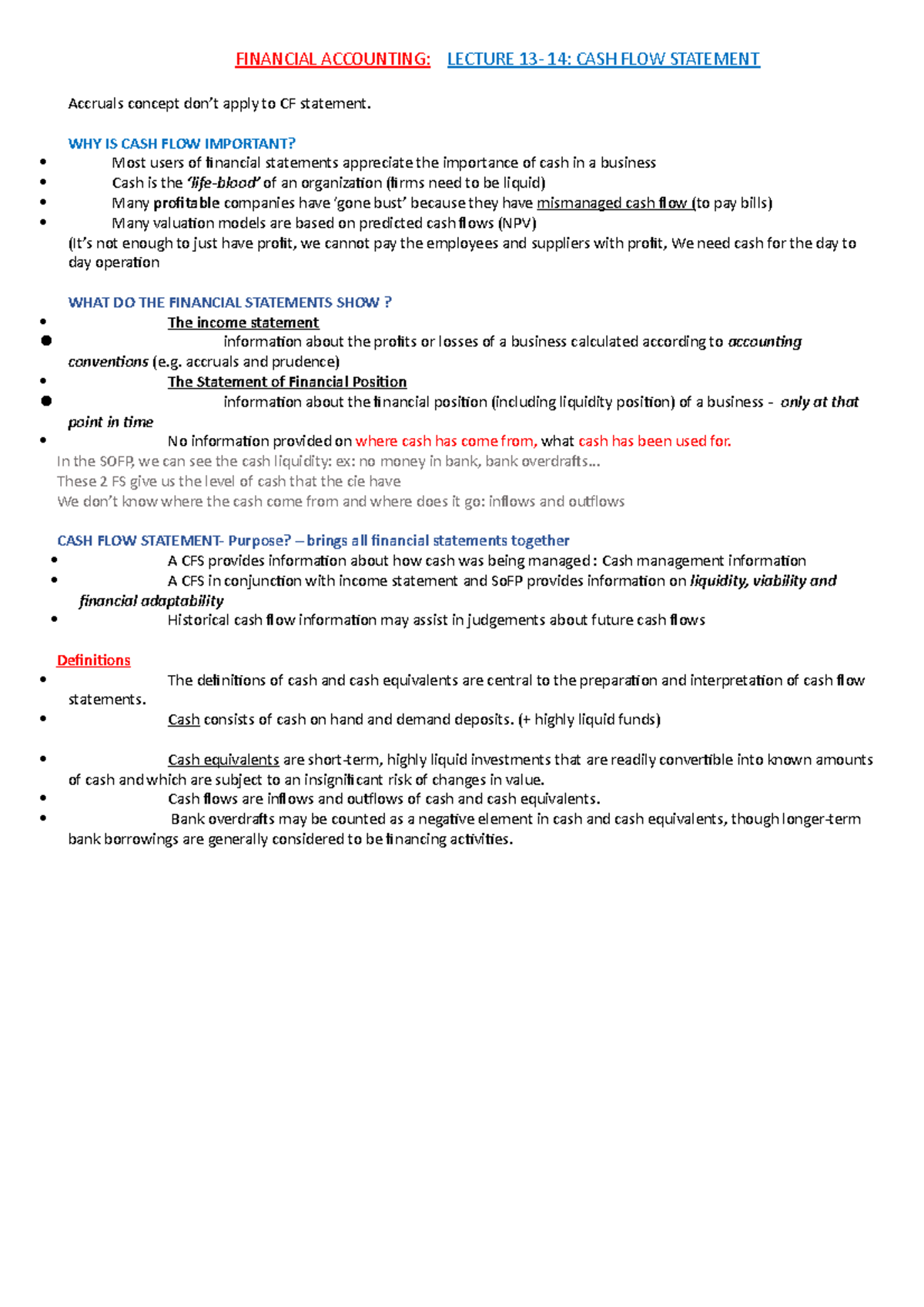 CFS - casf flow statement notes - FINANCIAL ACCOUNTING: LECTURE 13- 14 ...