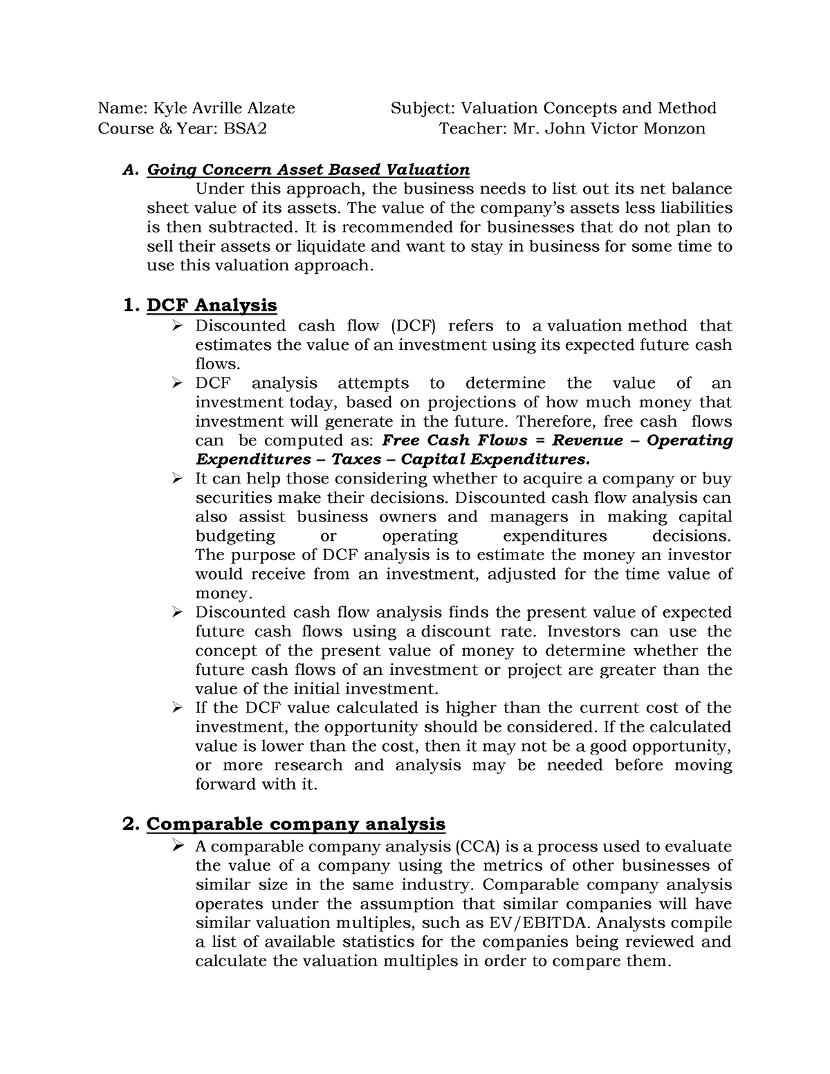 Task 1 (Valuation Concepts and Method) - Name: Kyle Avrille Alzate ...