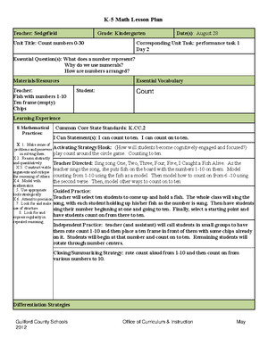 Unit 1 Lesson Plan Lecture Note Compare Sets - ####### Kindergarten ...