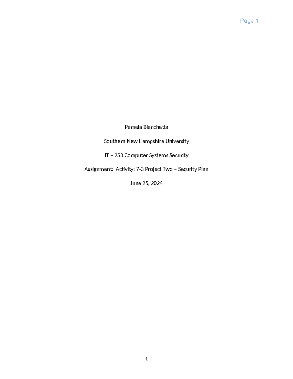 IT 253 Project Two Security Plan Template - Pamela Bianchetta Southern ...